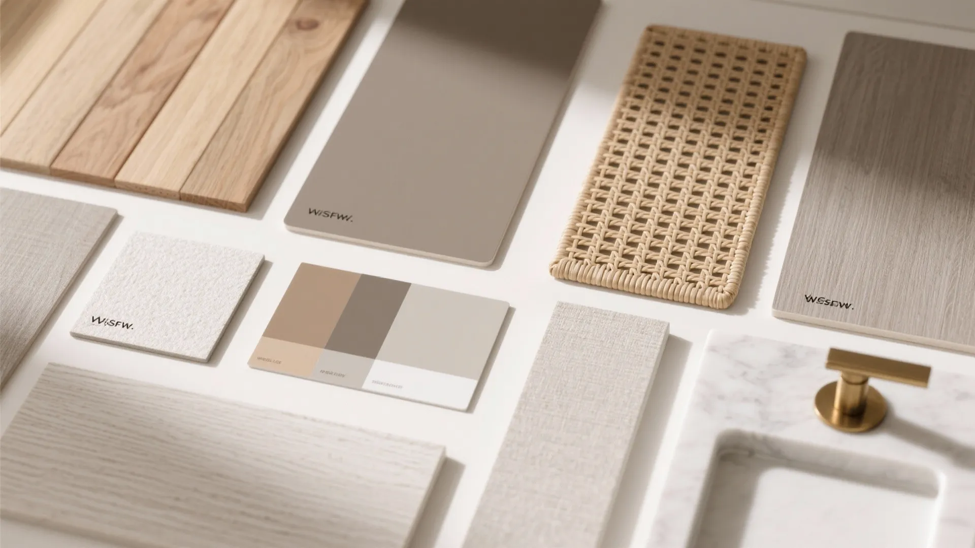 Interior design material mood board with wood samples fabric swatches color palette and a gold faucet