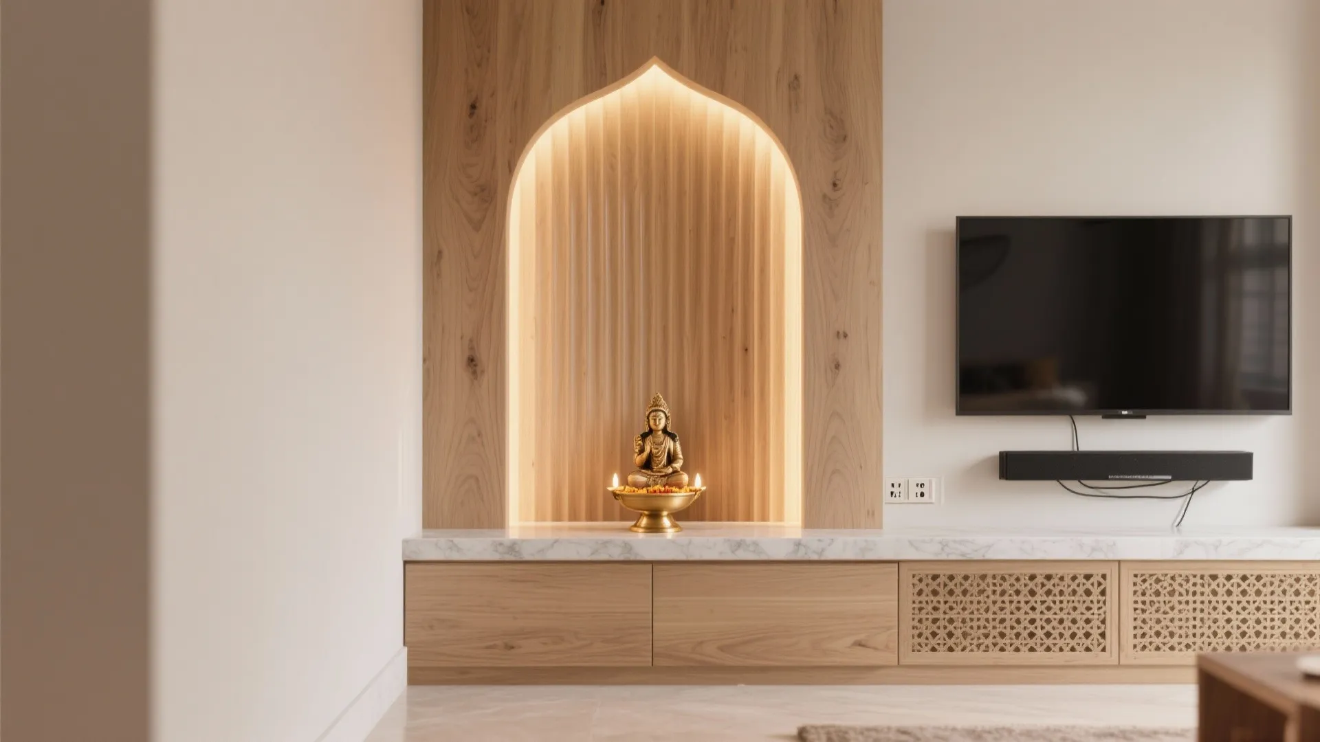 Minimal wood pooja niche with warm backlit fluted panel and marble ledge in a small living room.