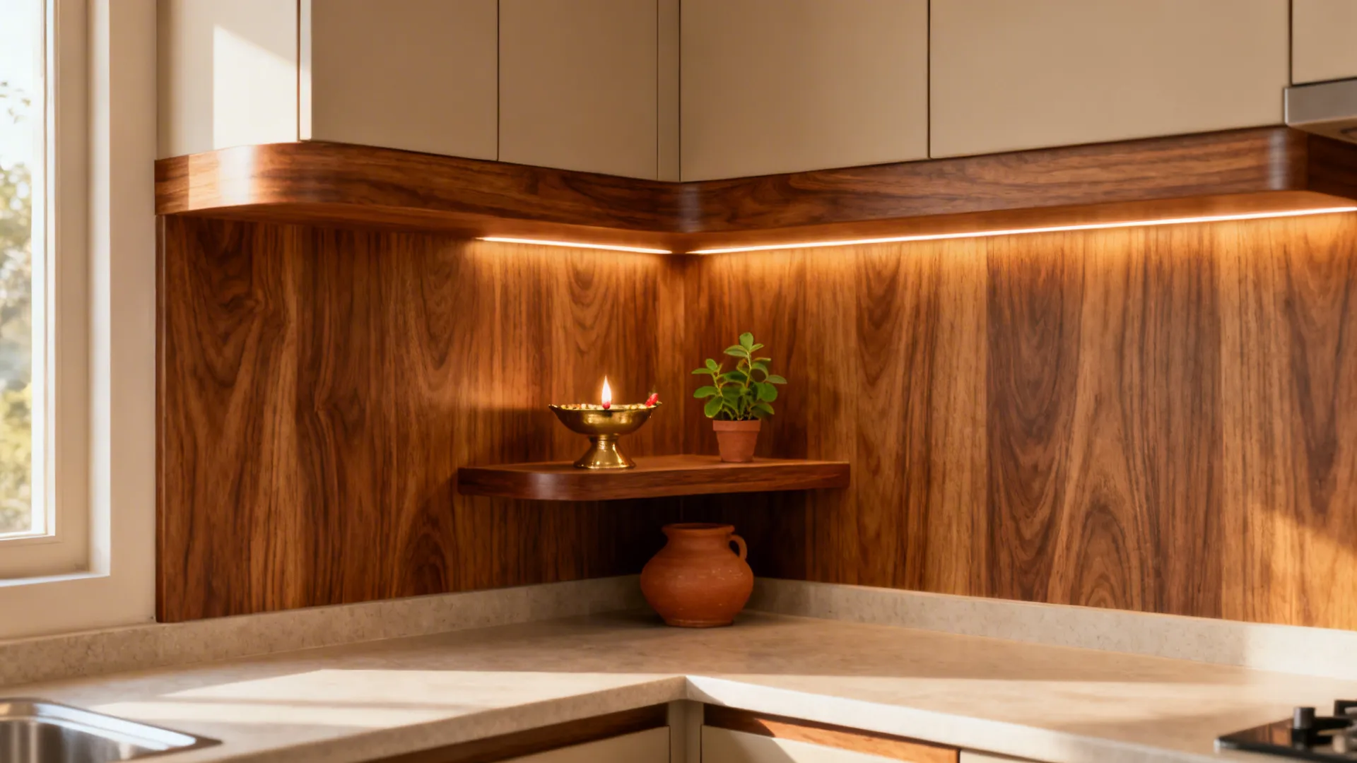 Kitchen corner with wood wall paneling small shelf holding green plant lit candle and pot
