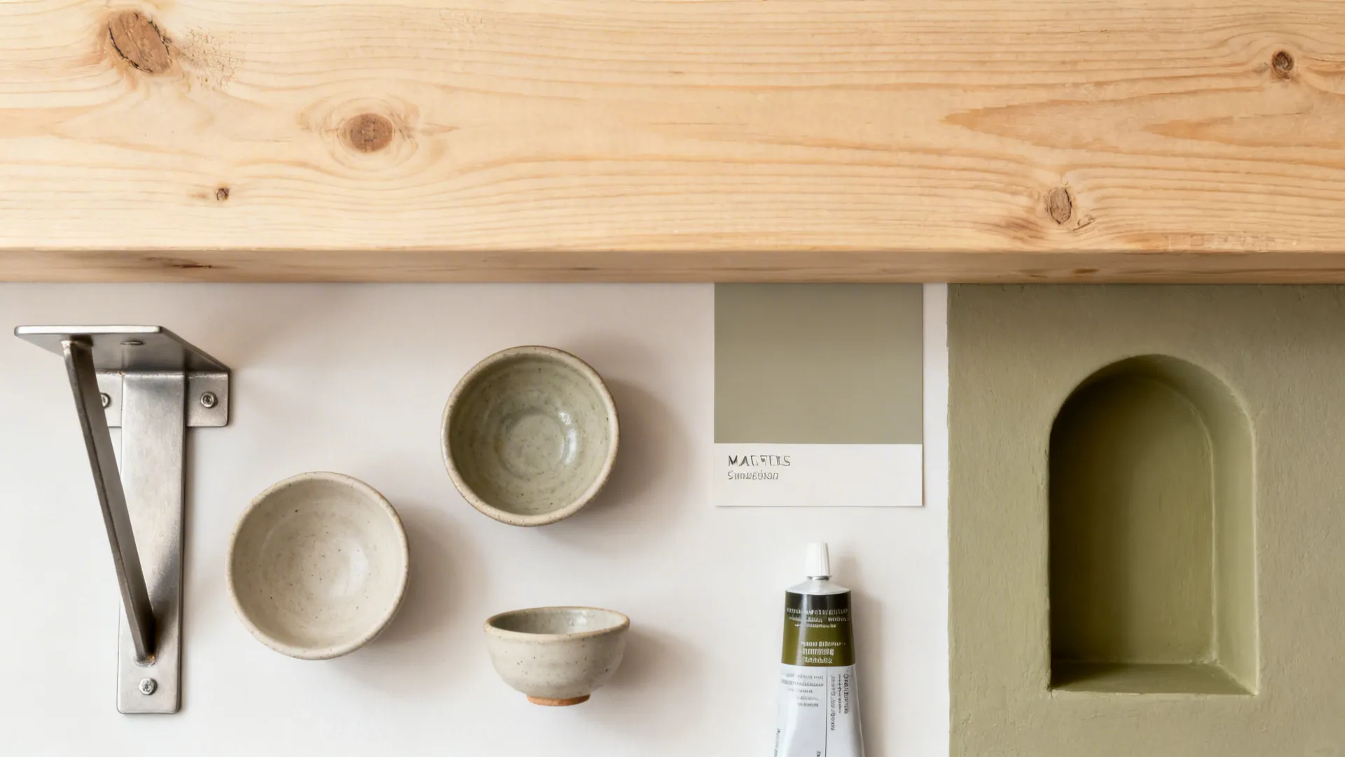 Flat lay with pine shelf wood, greige and olive paint chips, sealant sample, and small ceramics.