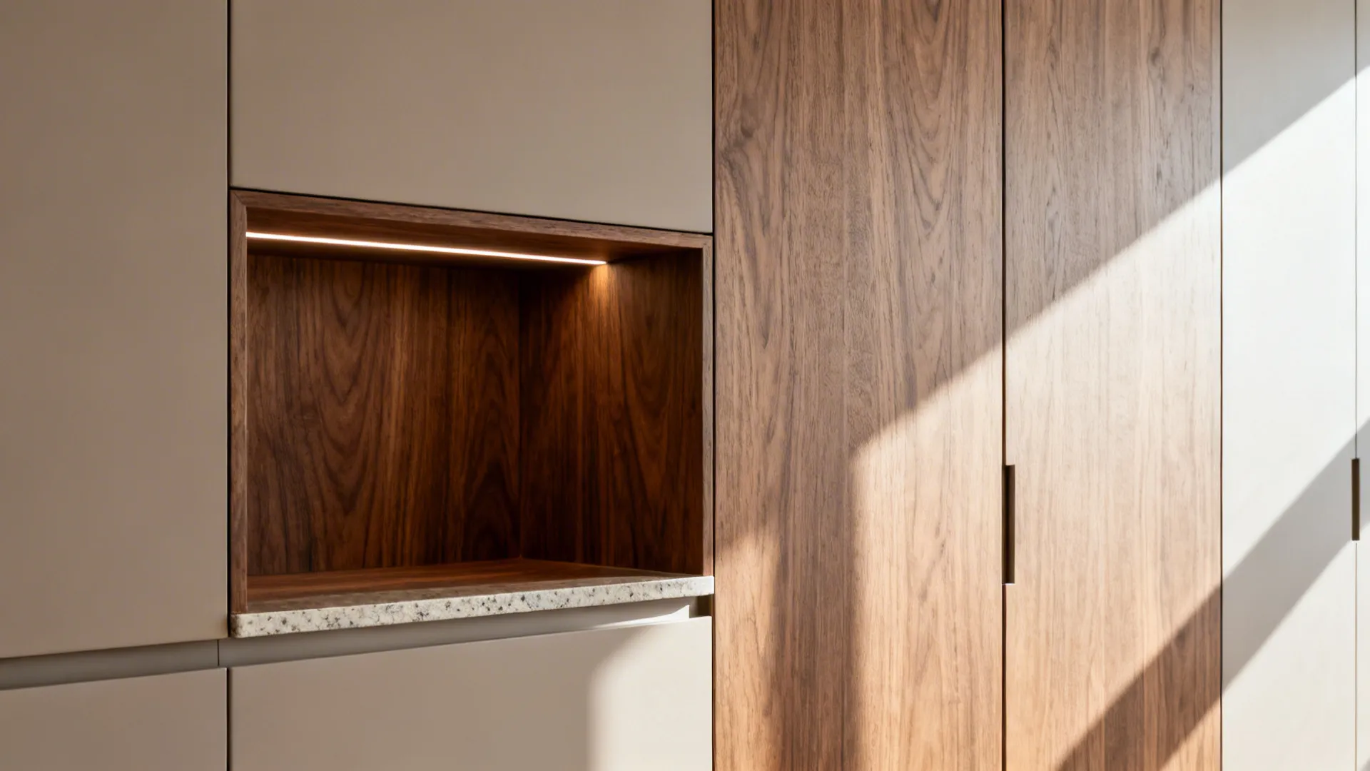 Close-up of a walnut veneer niche within matte neutral cabinets, lit by LED strip.