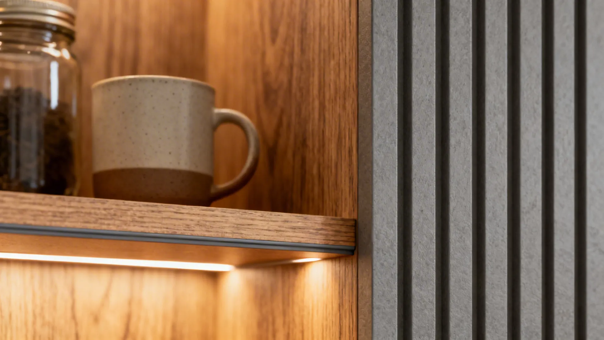 Idea 4: Warm Grey + White with Wood Accents and Open Niche