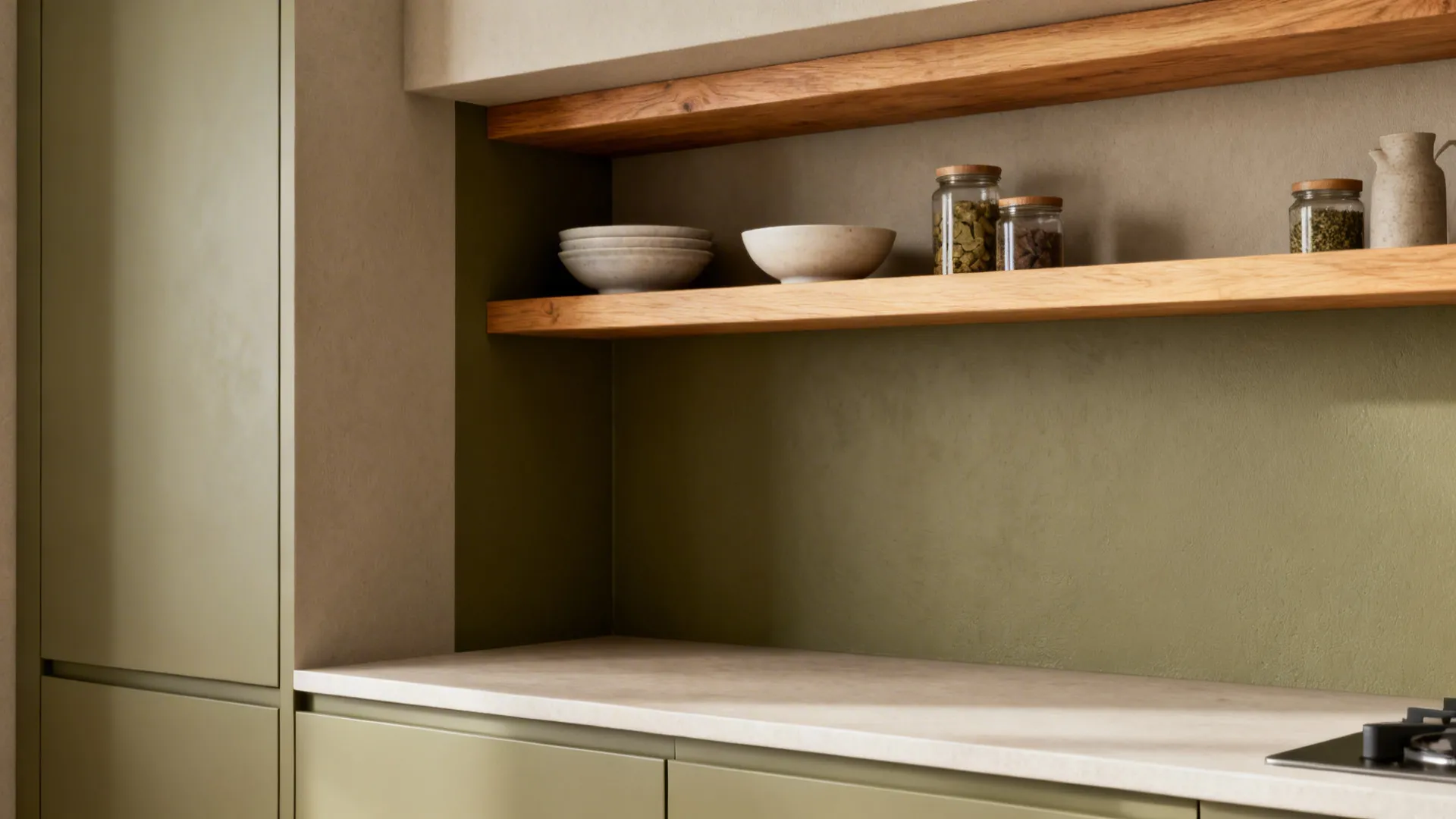 Light wood shelves over a muted olive painted niche add warmth to a small greige kitchen.