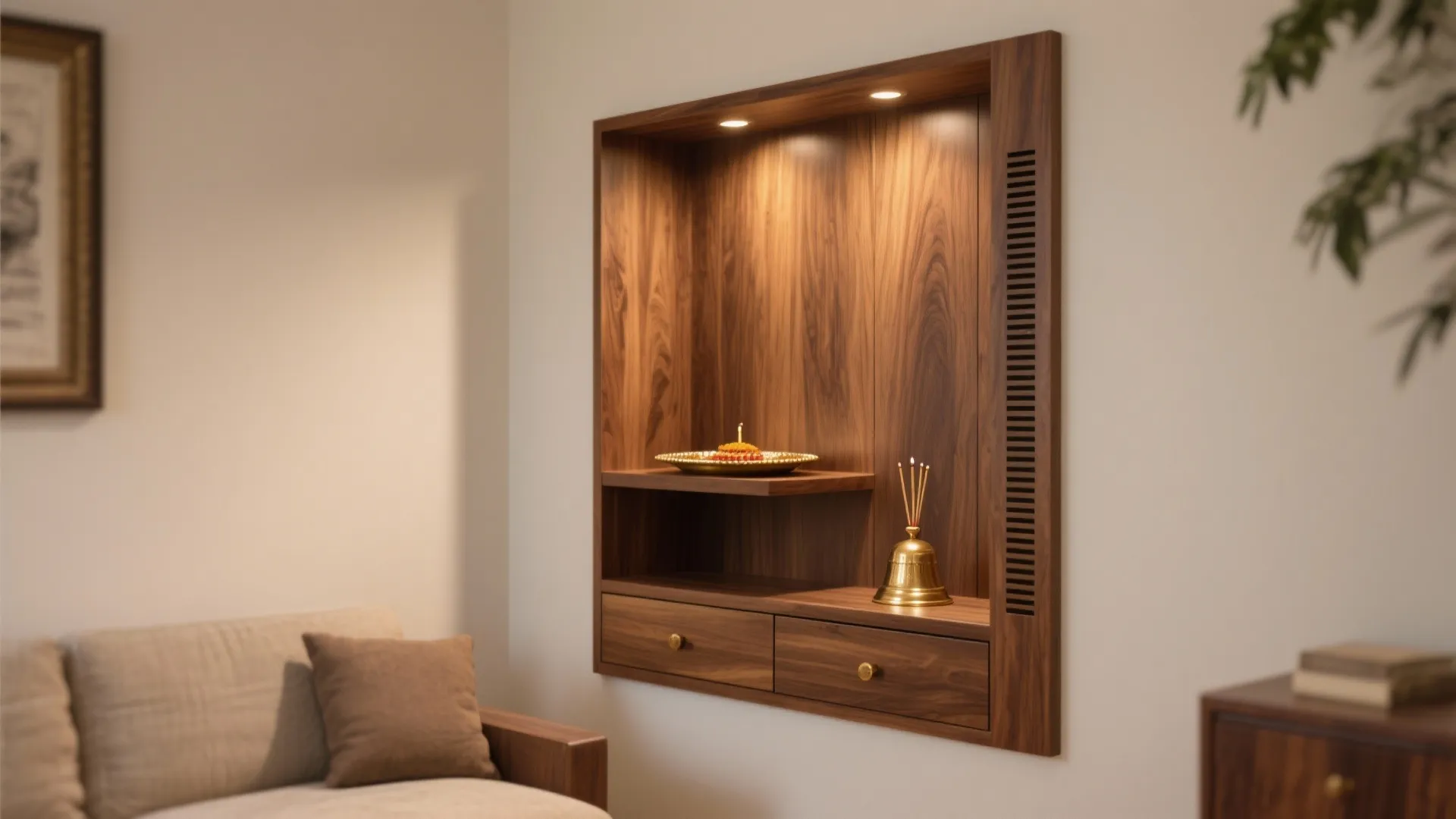 Built-in wood wall cabinet with small drawers and interior light next to a beige sofa