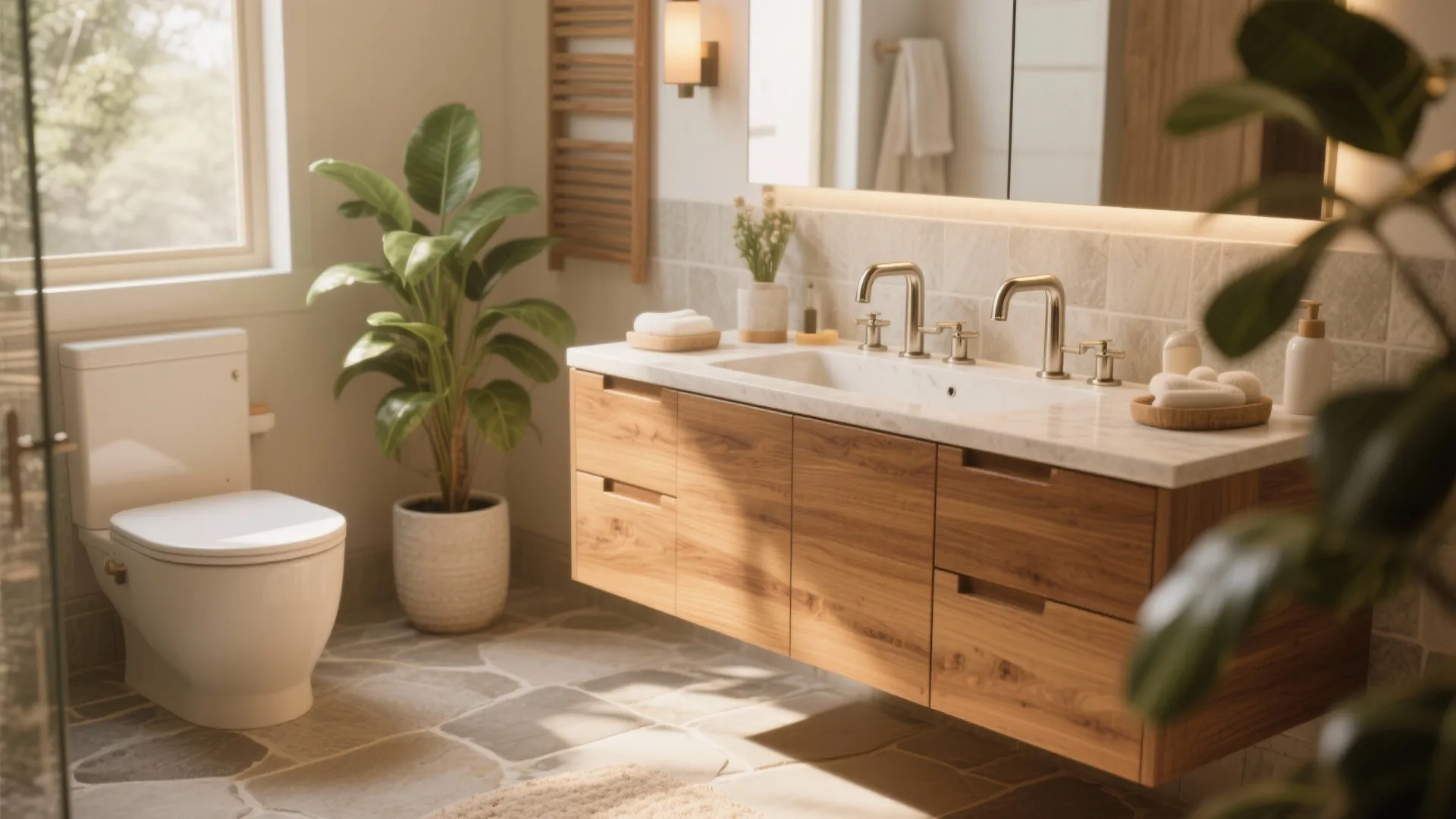 Cozy bathroom with warm wood vanity and brushed nickel taps, plant and soft daylight