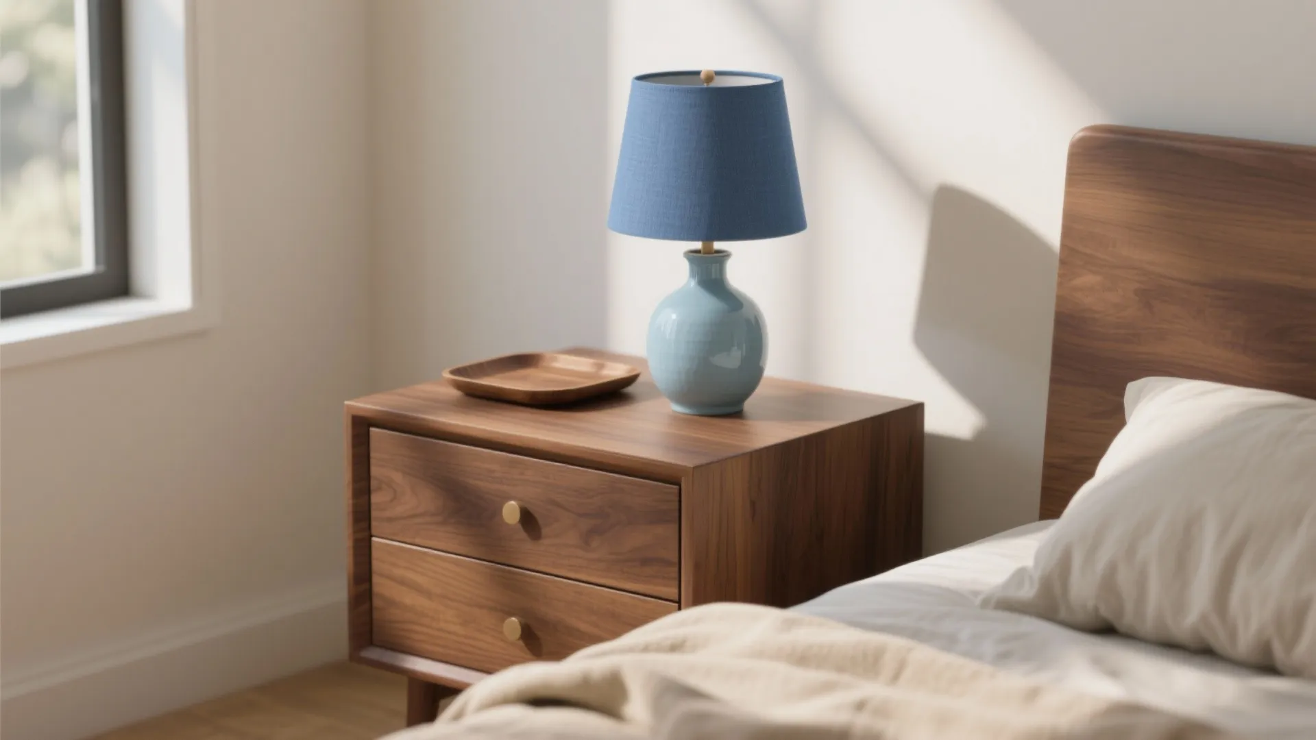 2. Wooden nightstands + sky-blue accessories