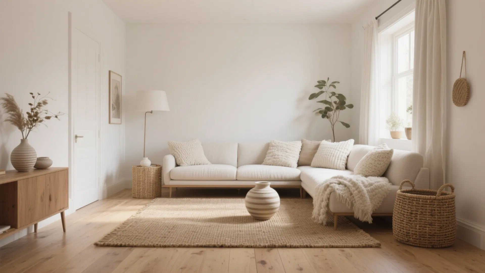 Minimalist white living room featuring cream sofa jute rug wooden cabinet floor lamp and potted plant