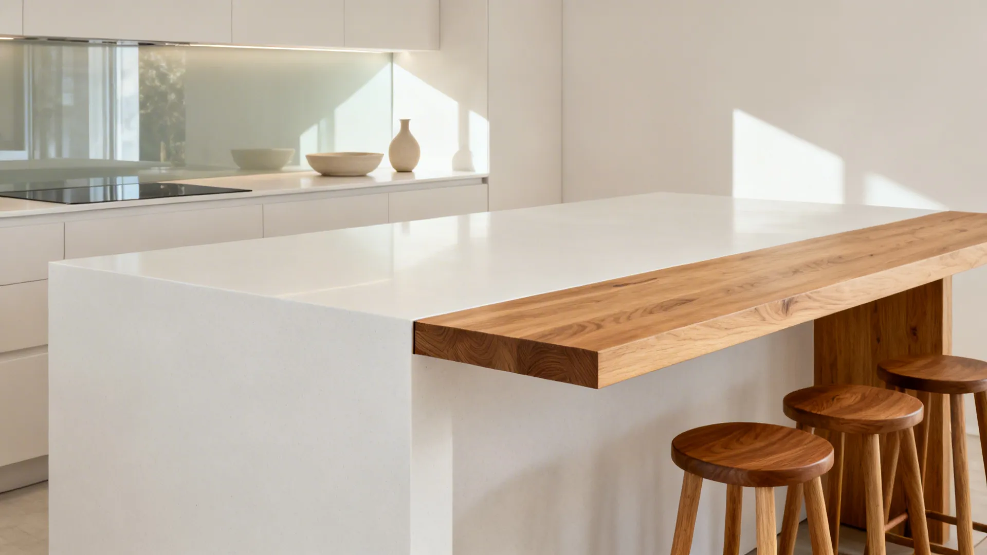 Material-contrast T island with a warm oak seating wing joined to a white quartz main island.