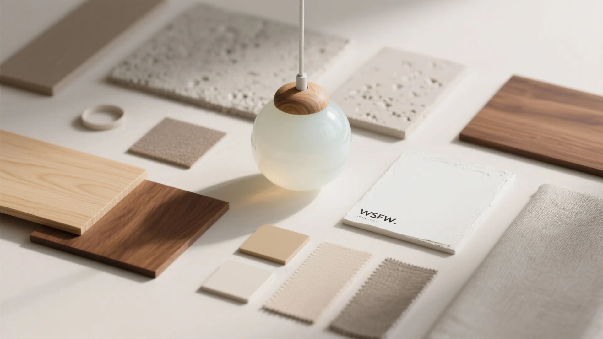 Flat lay with oak, walnut, opal glass, microcement, and neutral fabric swatches.