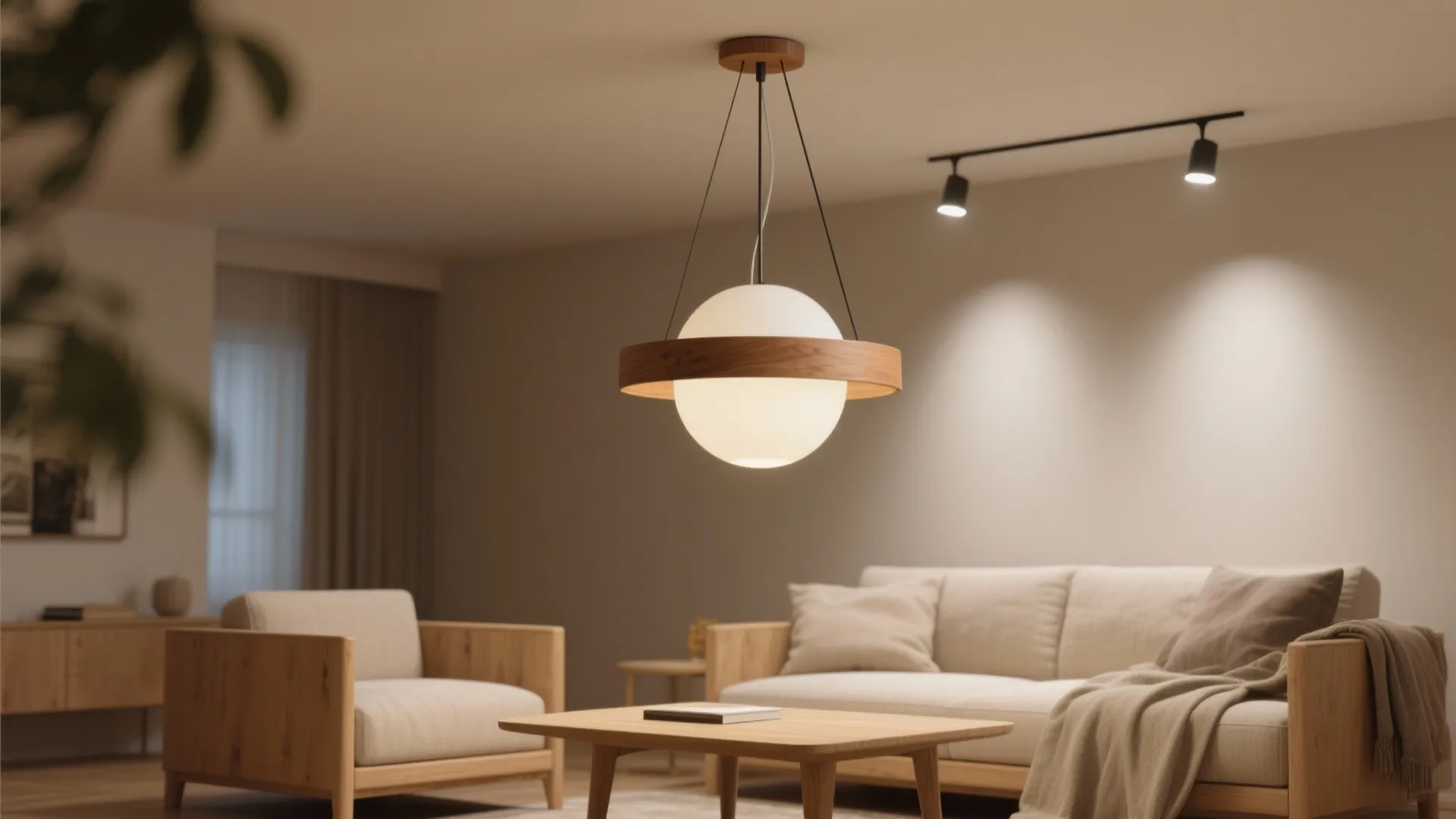 Wood-collar opal glass pendant over a coffee table with layered ambient lighting.