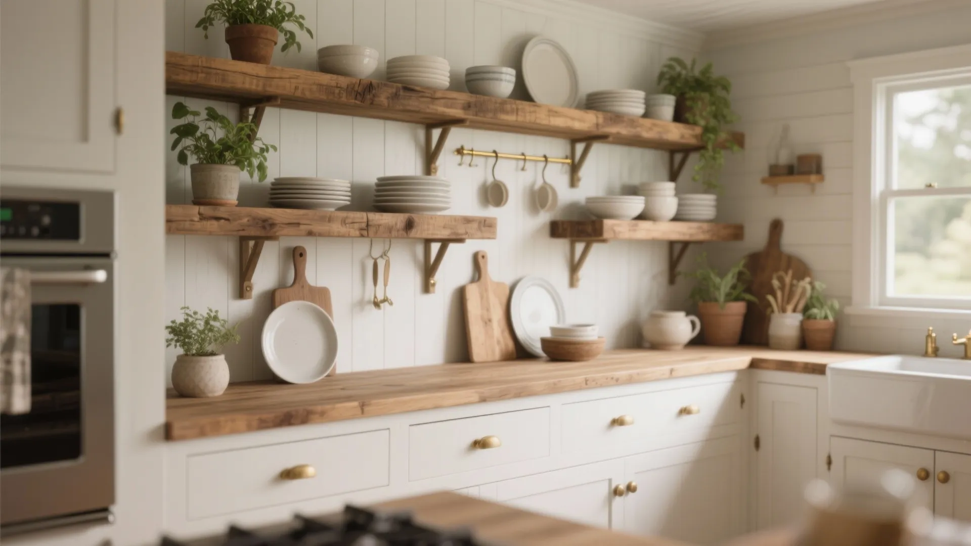 1. Warm wood open shelving for bungalow charm