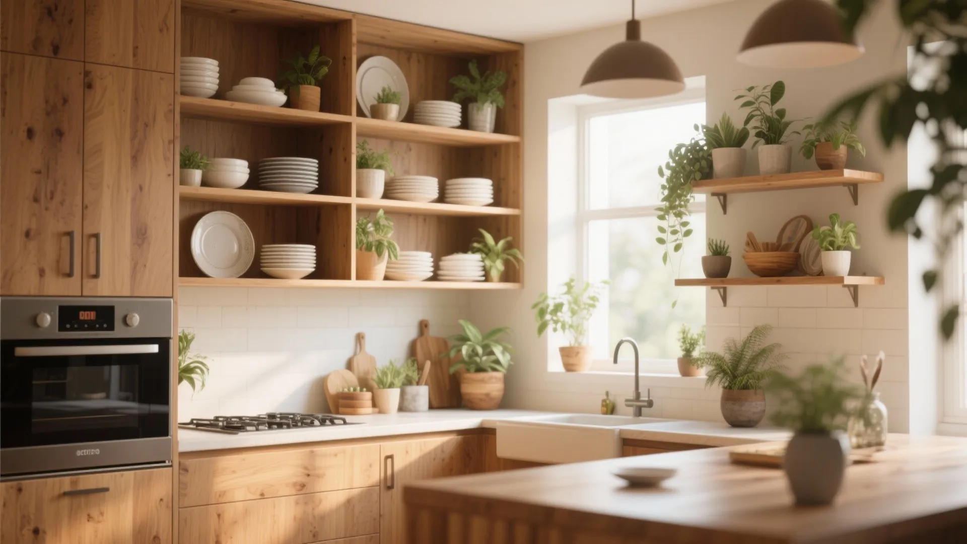 Modern kitchen with wood open shelving showing white plates plus green plants and built-in oven