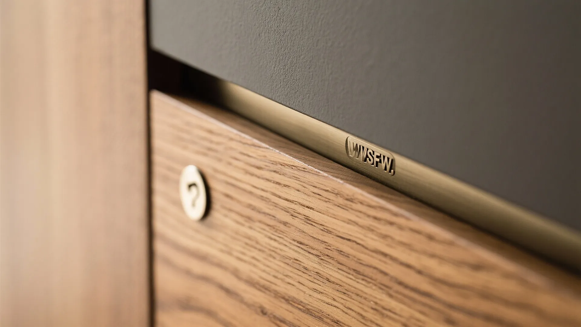 Close up view of wooden cabinet drawer with small round handle and dark grey top
