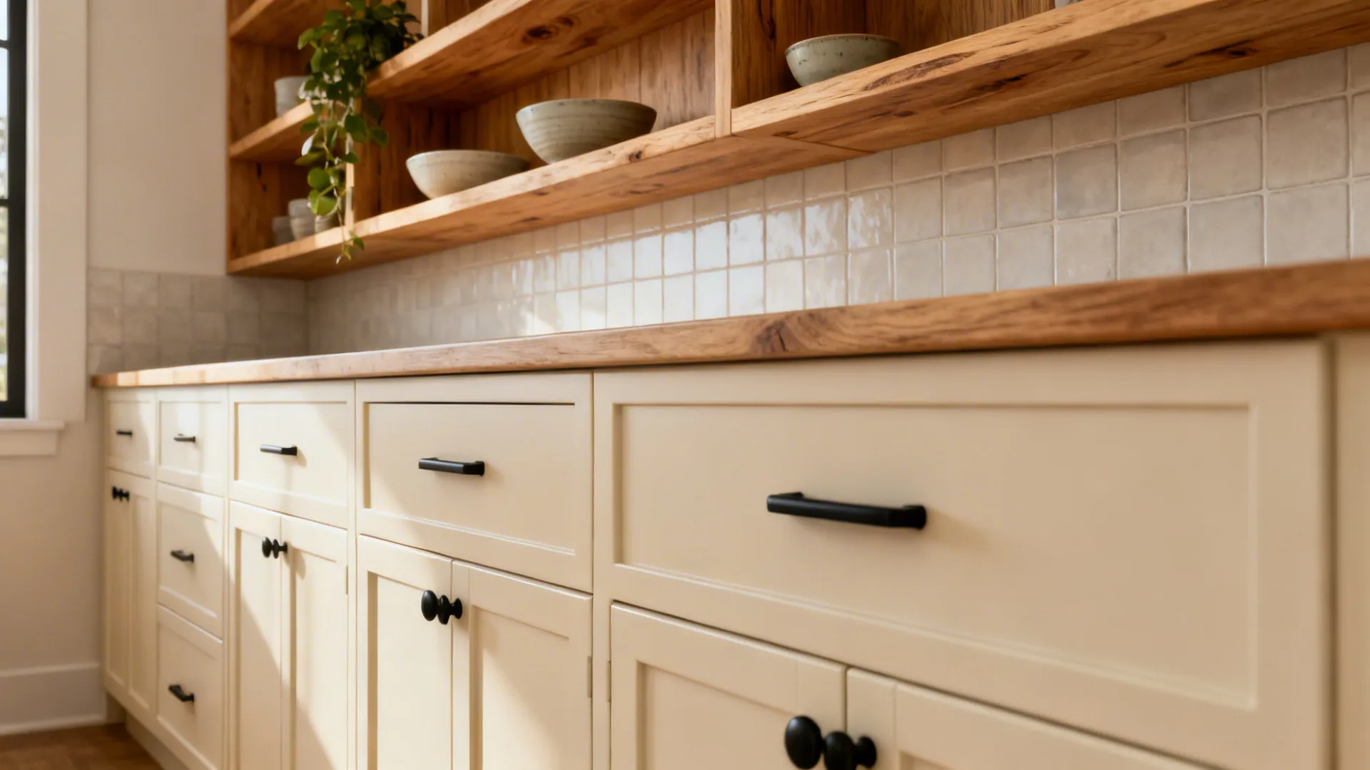 Creamy painted cabinets with natural oak open shelves and matte black hardware.