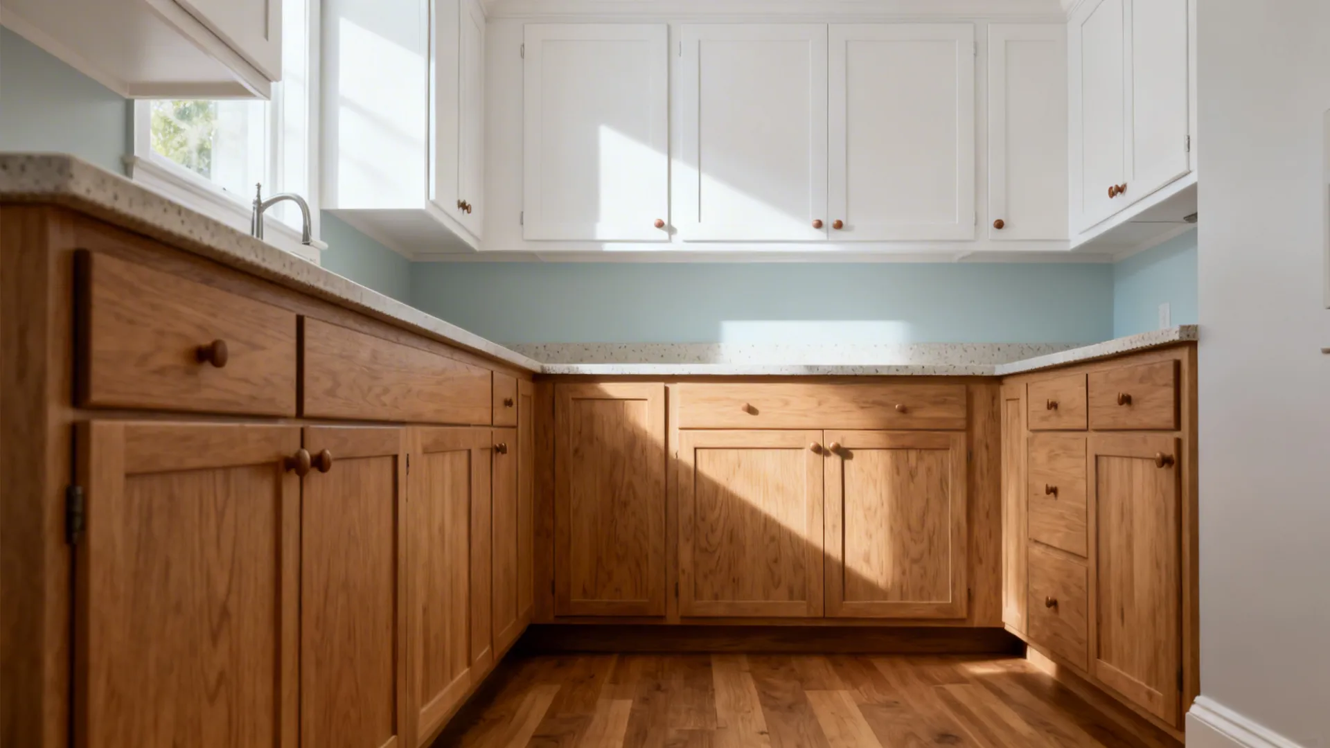 Wood plus paint: warm lower doors with crisp upper color