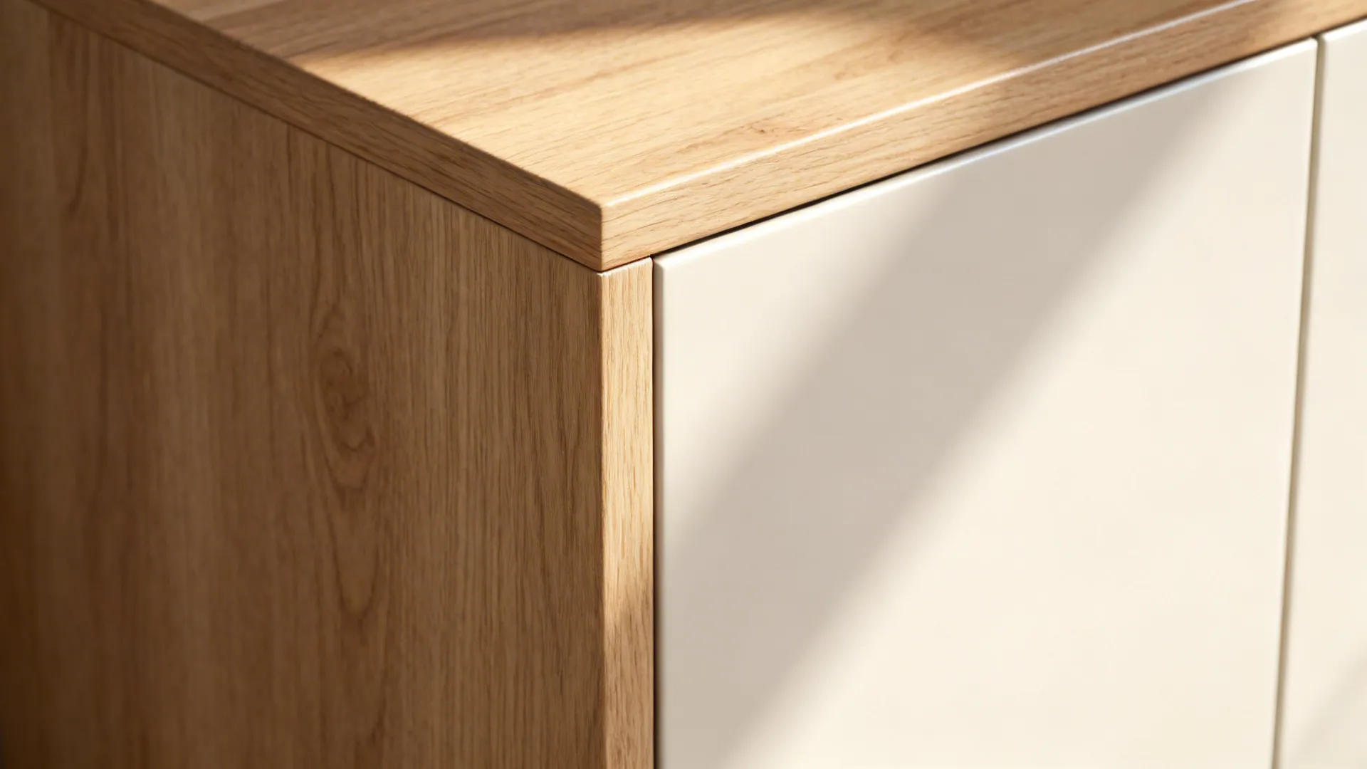 Macro detail of light oak veneer meeting satin off-white cabinetry.