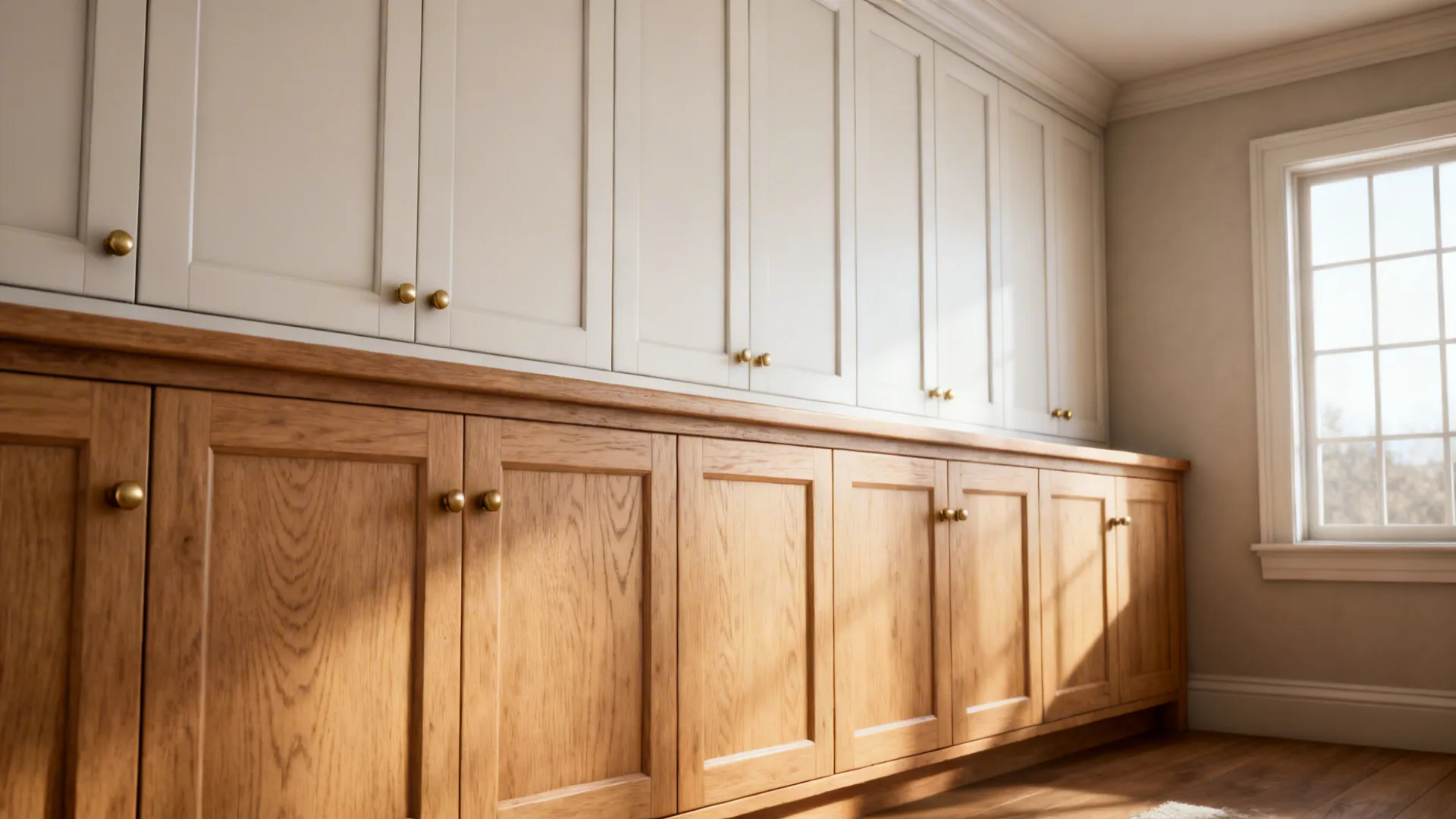 Small kitchen with warm wood lower cabinets and painted white uppers