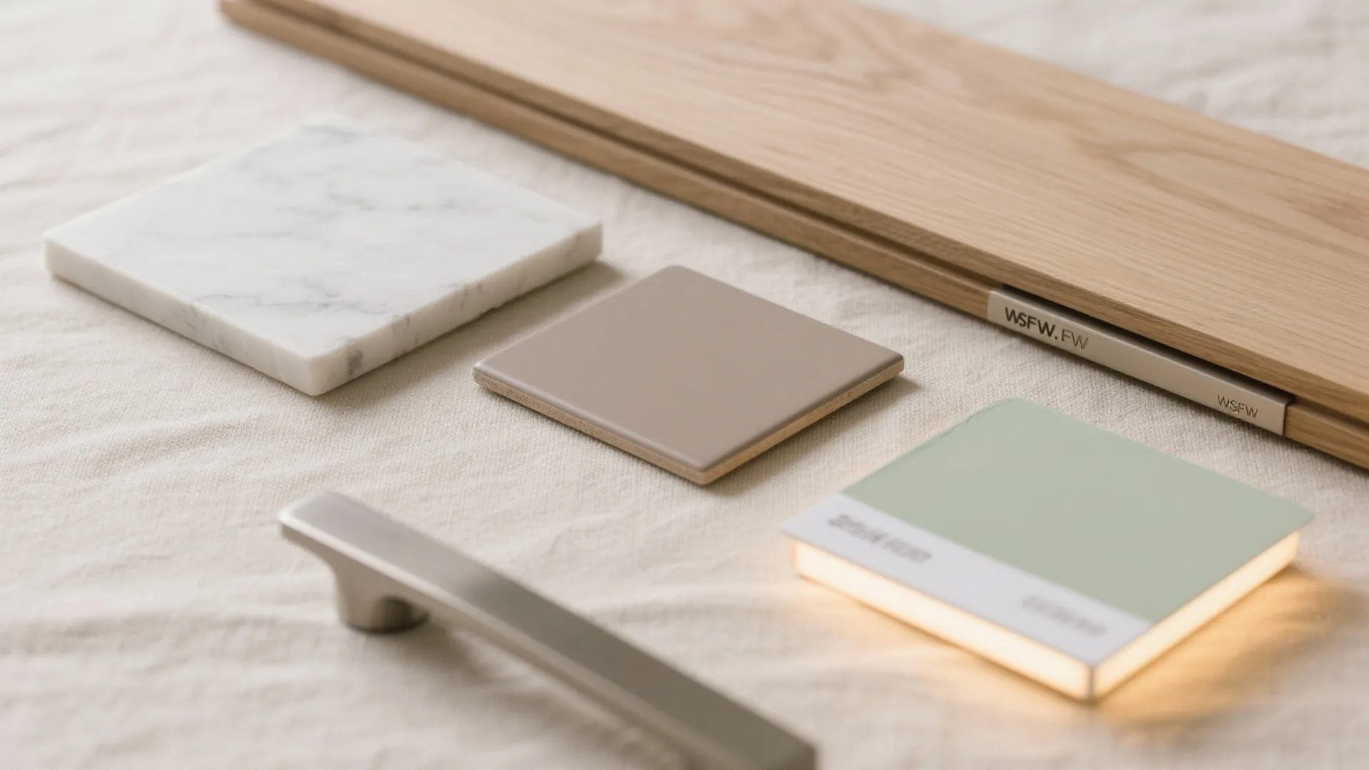 Interior design material samples with wood board marble tile green color swatch and metal handle