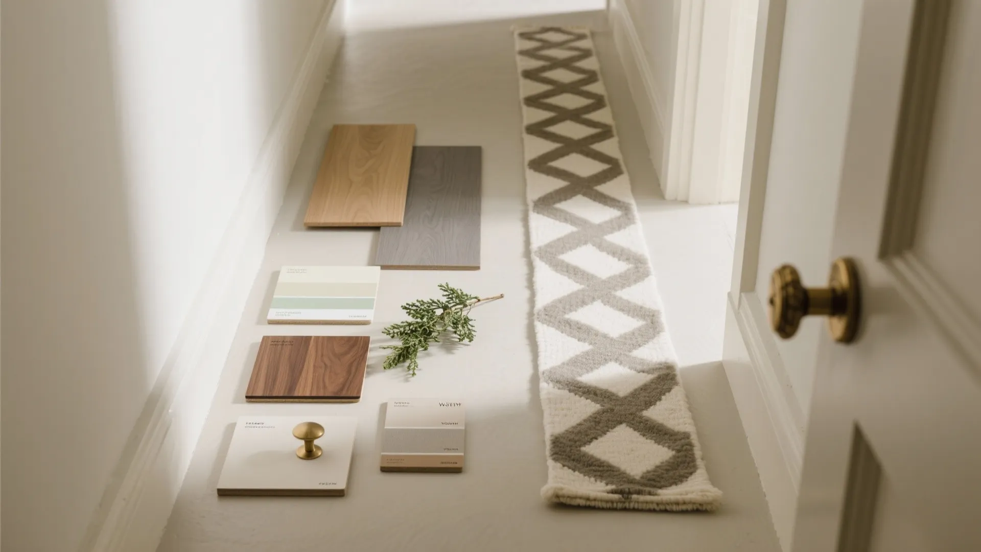 Floor display of interior design material samples including wood tiles paint swatches and brass knob