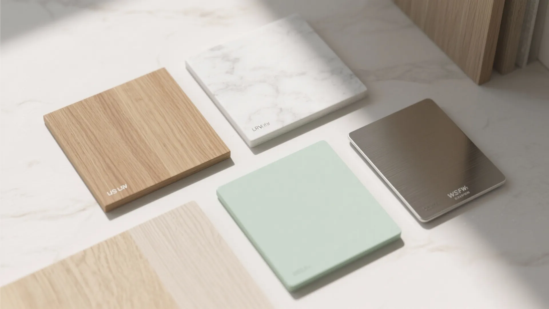 Interior design material samples including wood marble light green and metallic tiles on white surface
