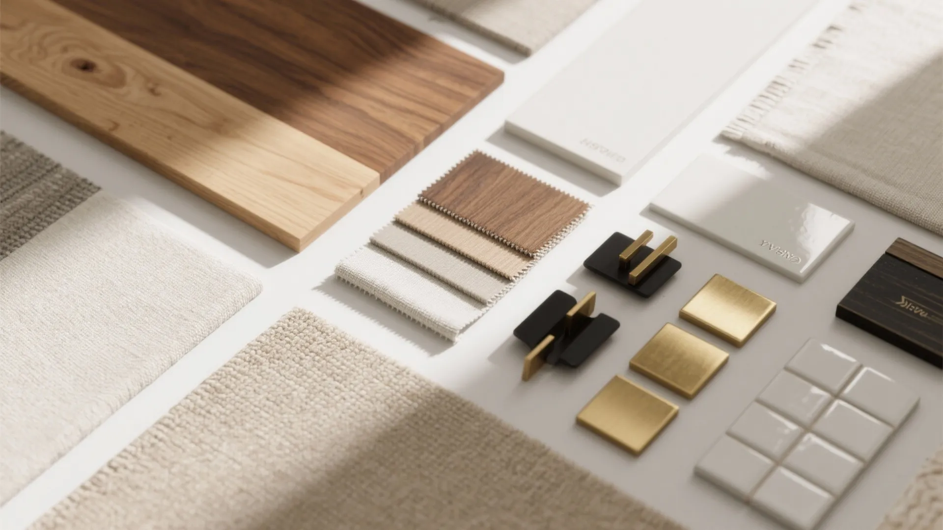 Interior design material board with wood samples fabric swatches metal hardware and white ceramic tiles