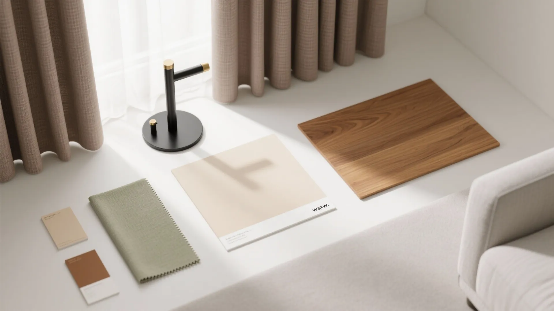 Interior design material palette with wood board green fabric samples and neutral color cards on table