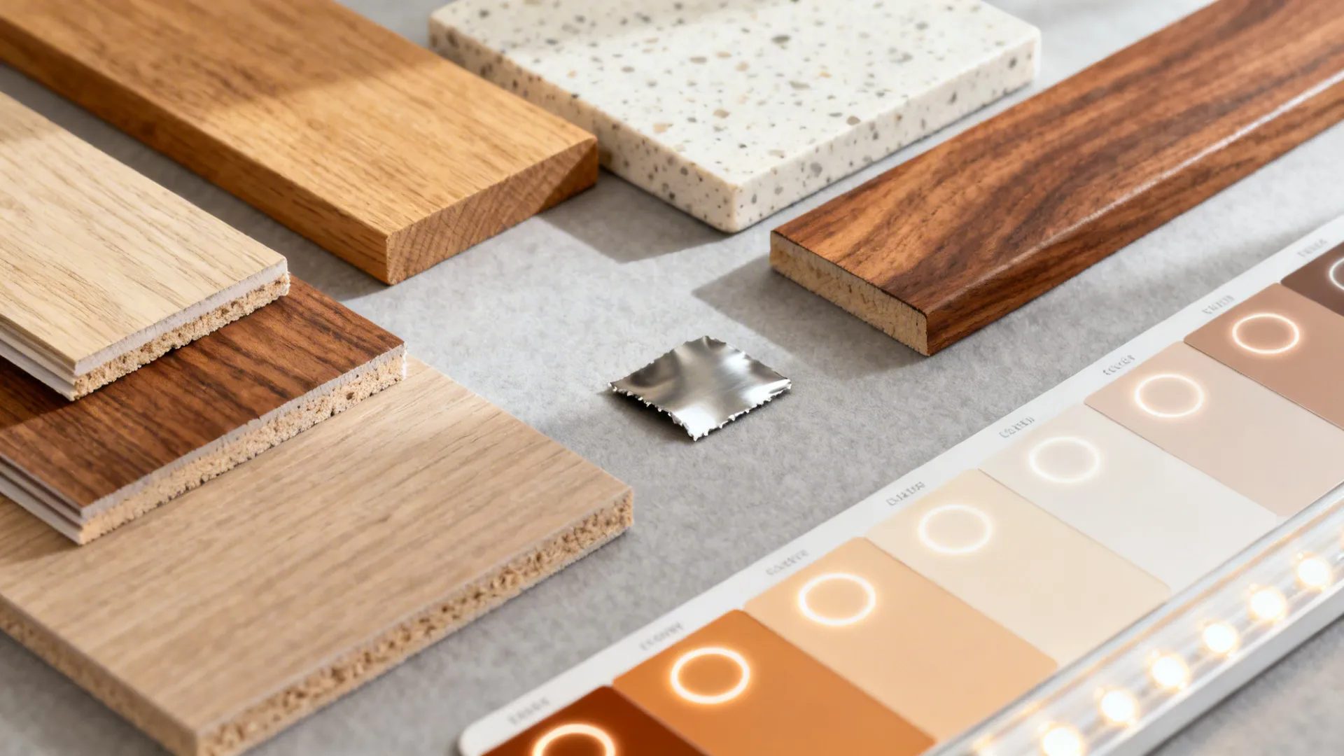 Flat lay of oak, ash, walnut veneers with pale terrazzo and stainless samples in soft light.