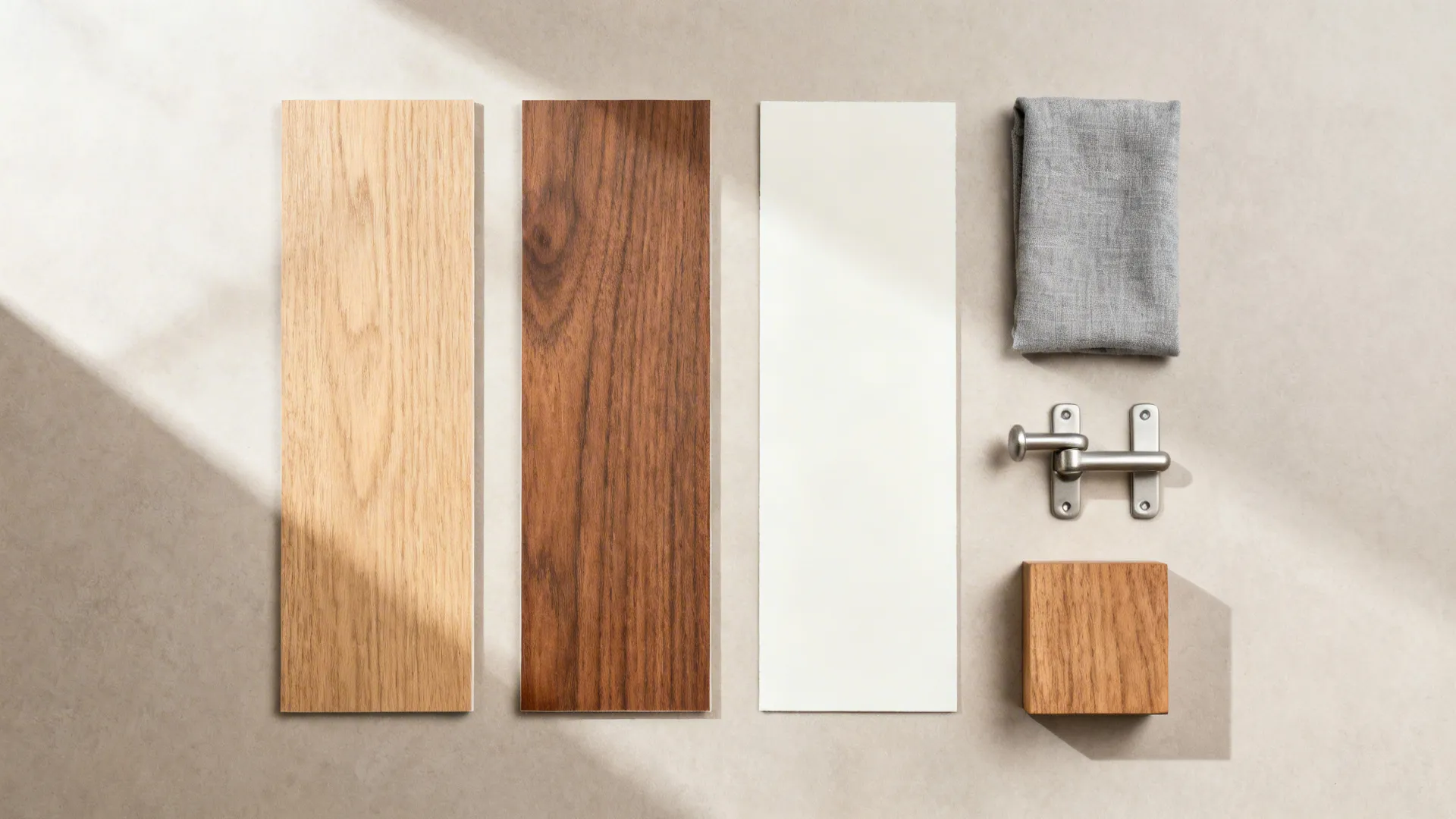 Flat lay of wood-look laminates, off-white paint, gray fabric, metal hardware, and solid wood sample.
