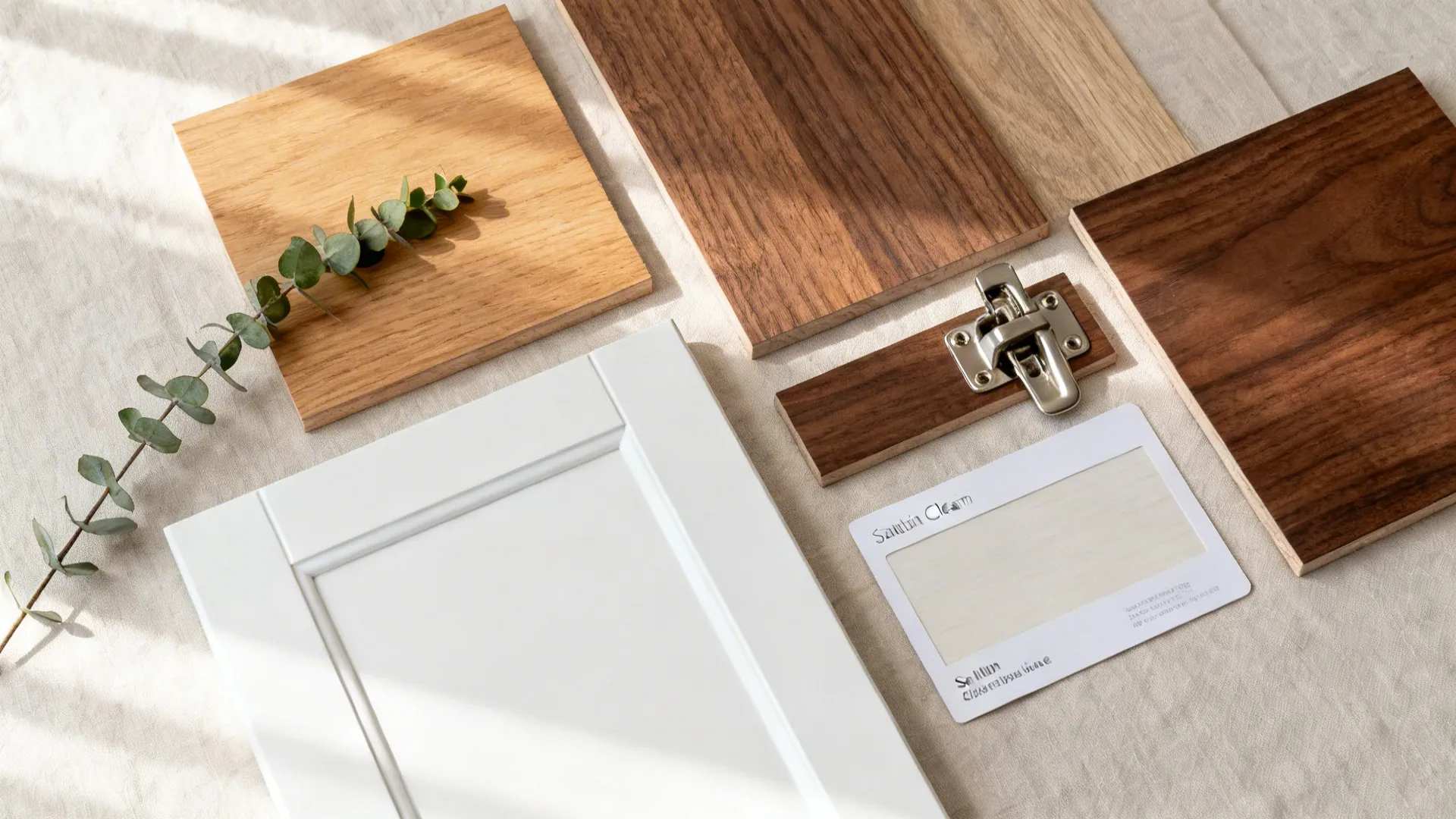 Flat lay of wooden material samples white cabinet door metal hinge and green leaf on fabric