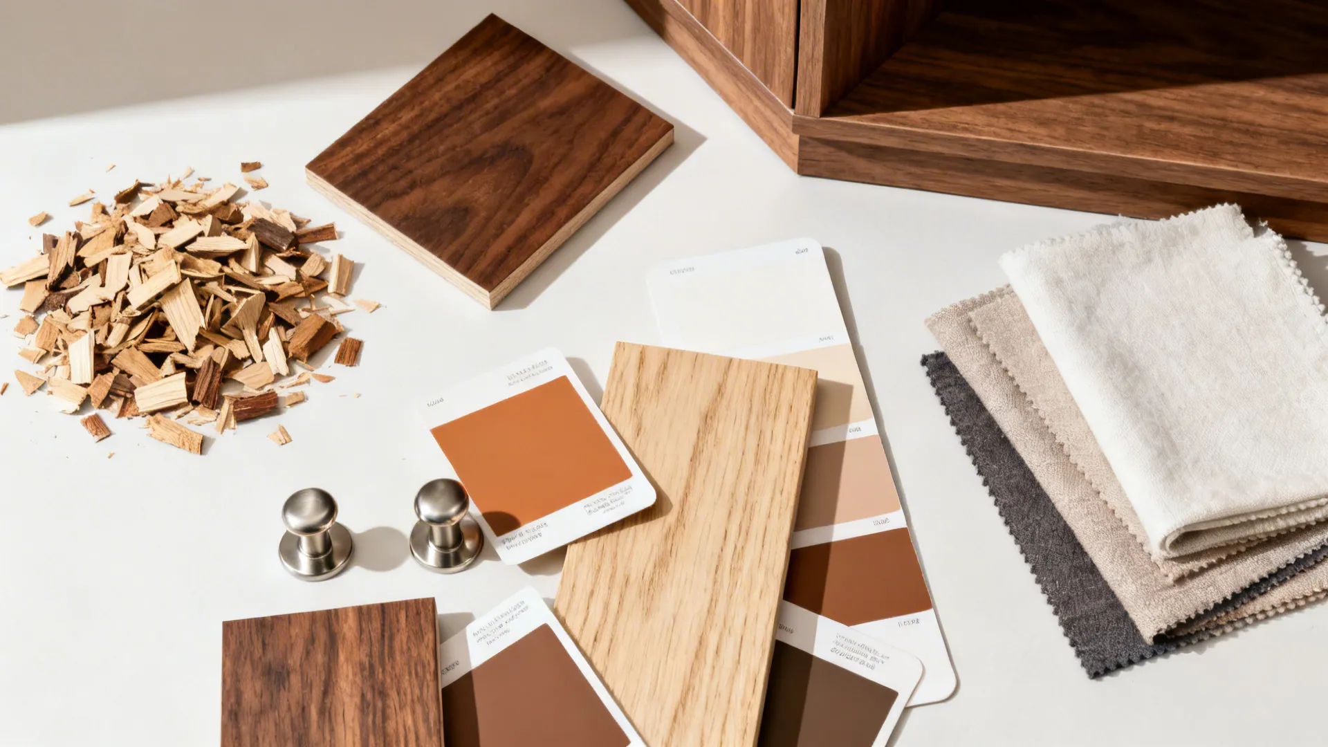 Interior design mood board featuring wood samples color cards fabric swatches metal knobs and textures
