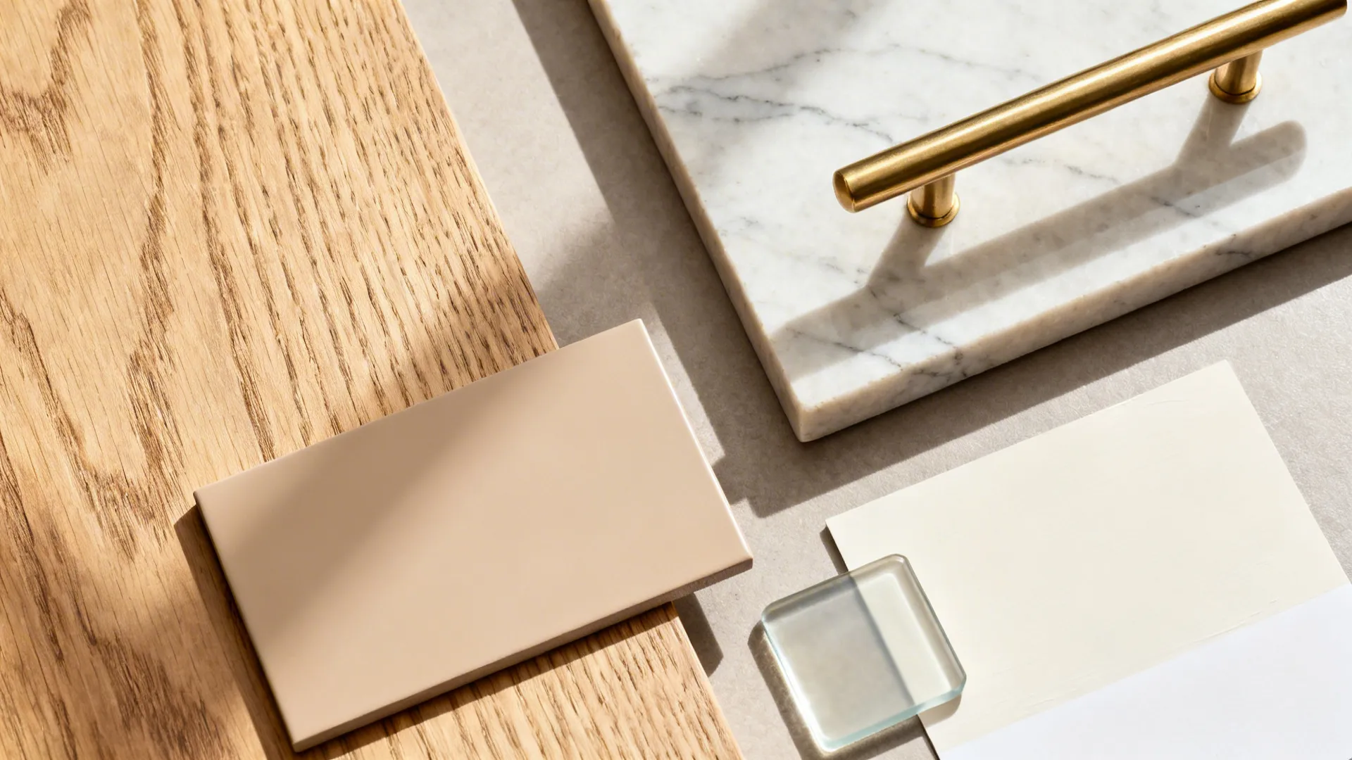 Flat lay of rift-cut oak, matte beige, light quartz, pale glass, and warm hardware for a cozy kitchen.