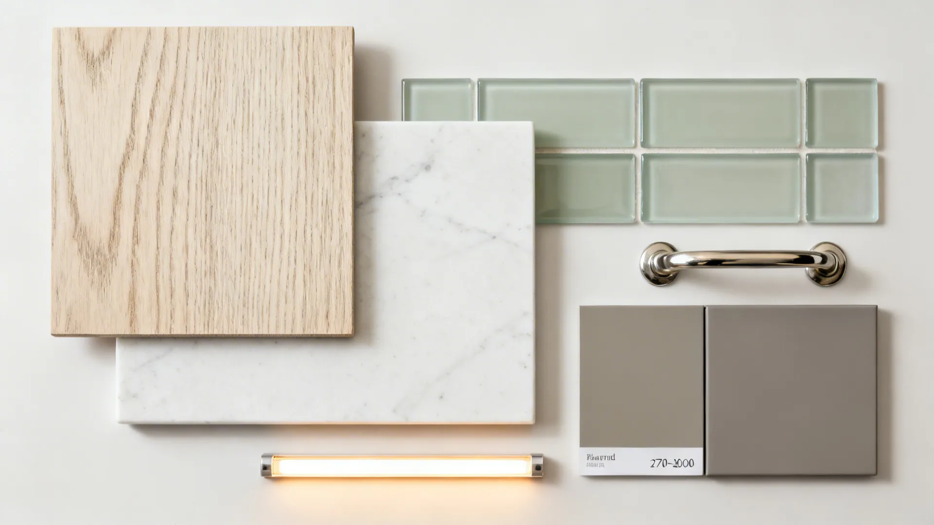 Flat lay of oak, white quartz, sage glass tone, brushed nickel, and warm gray paint chips.