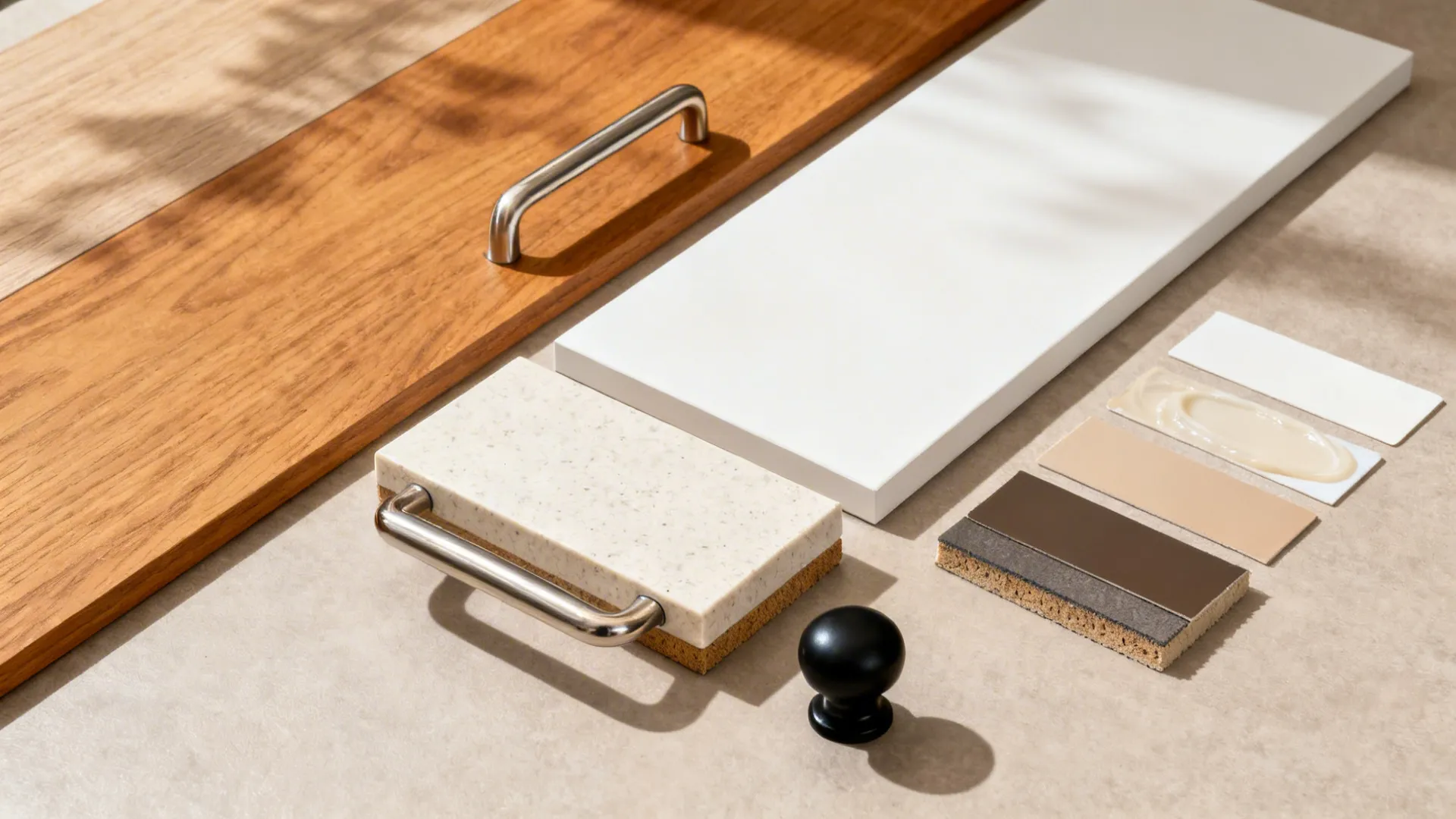 Flat lay of wood-look laminate, matte PET, light stone top, and mixed hardware.