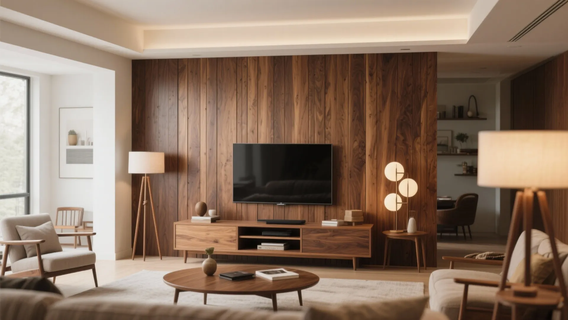 Living room featuring television mounted on wood wall panel with matching cabinet and coffee table