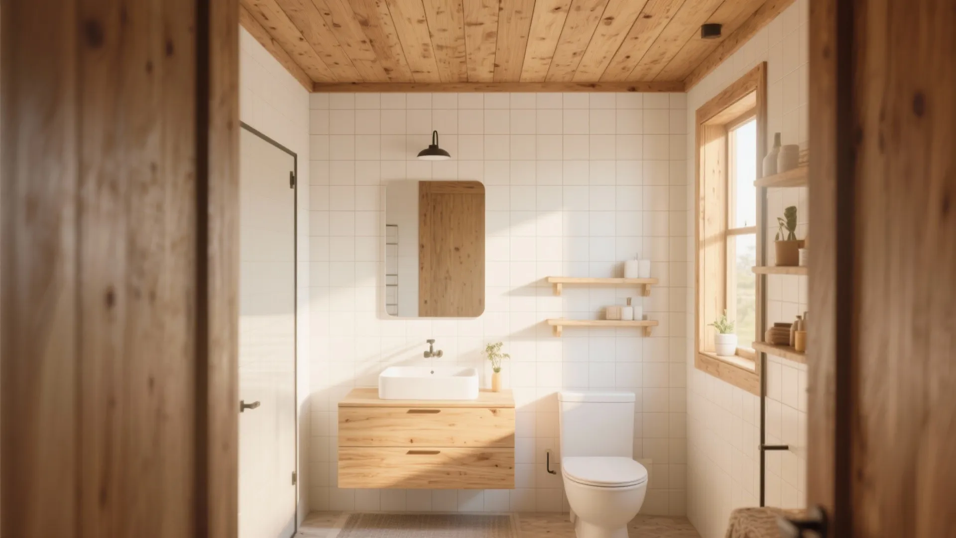 Modern bathroom with white wall tiles wooden ceiling wooden cabinet white sink and bright natural window