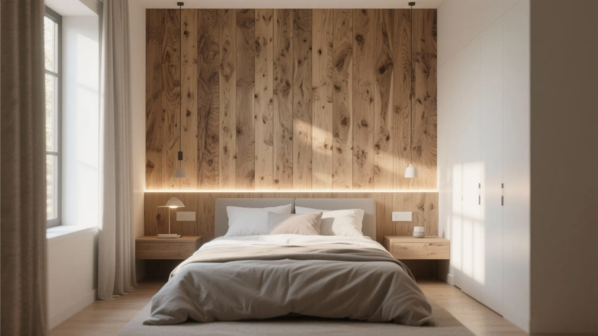 Modern bedroom with wooden wall panel behind bed, white wardrobe, two ceiling lights, and window