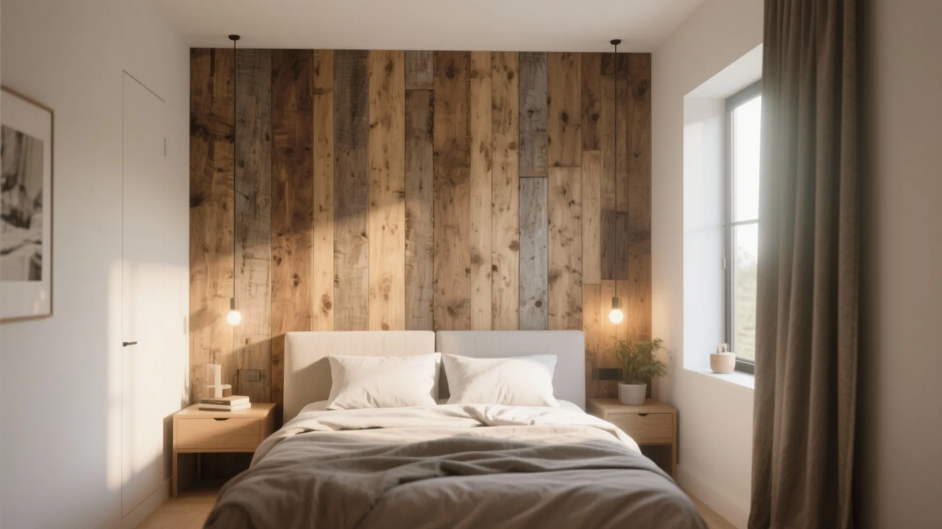 Minimalist bedroom featuring vertical wood wall panel with hanging light fixtures and bed near window