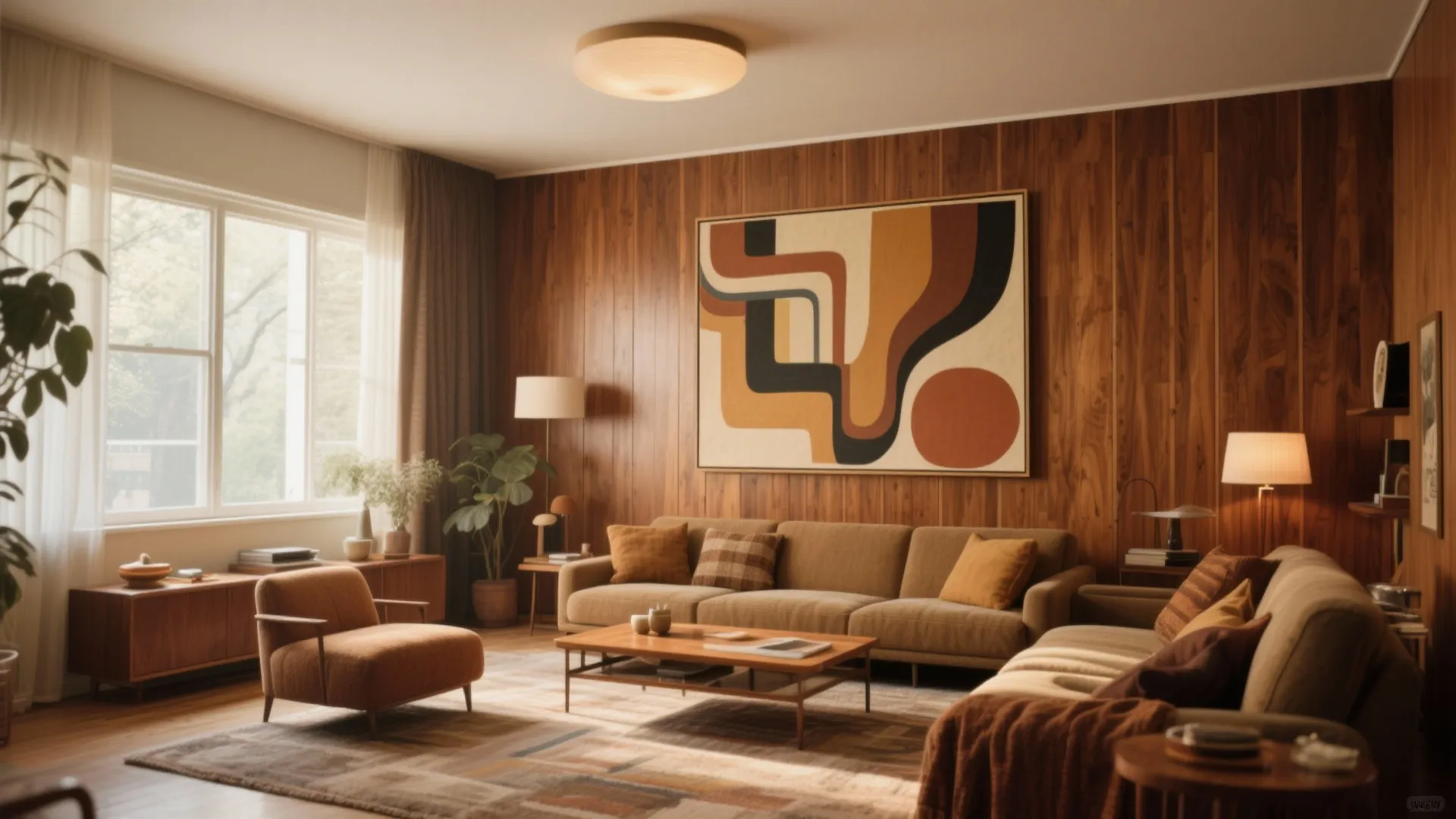 9. Mix of Wood Paneling and Bold Art