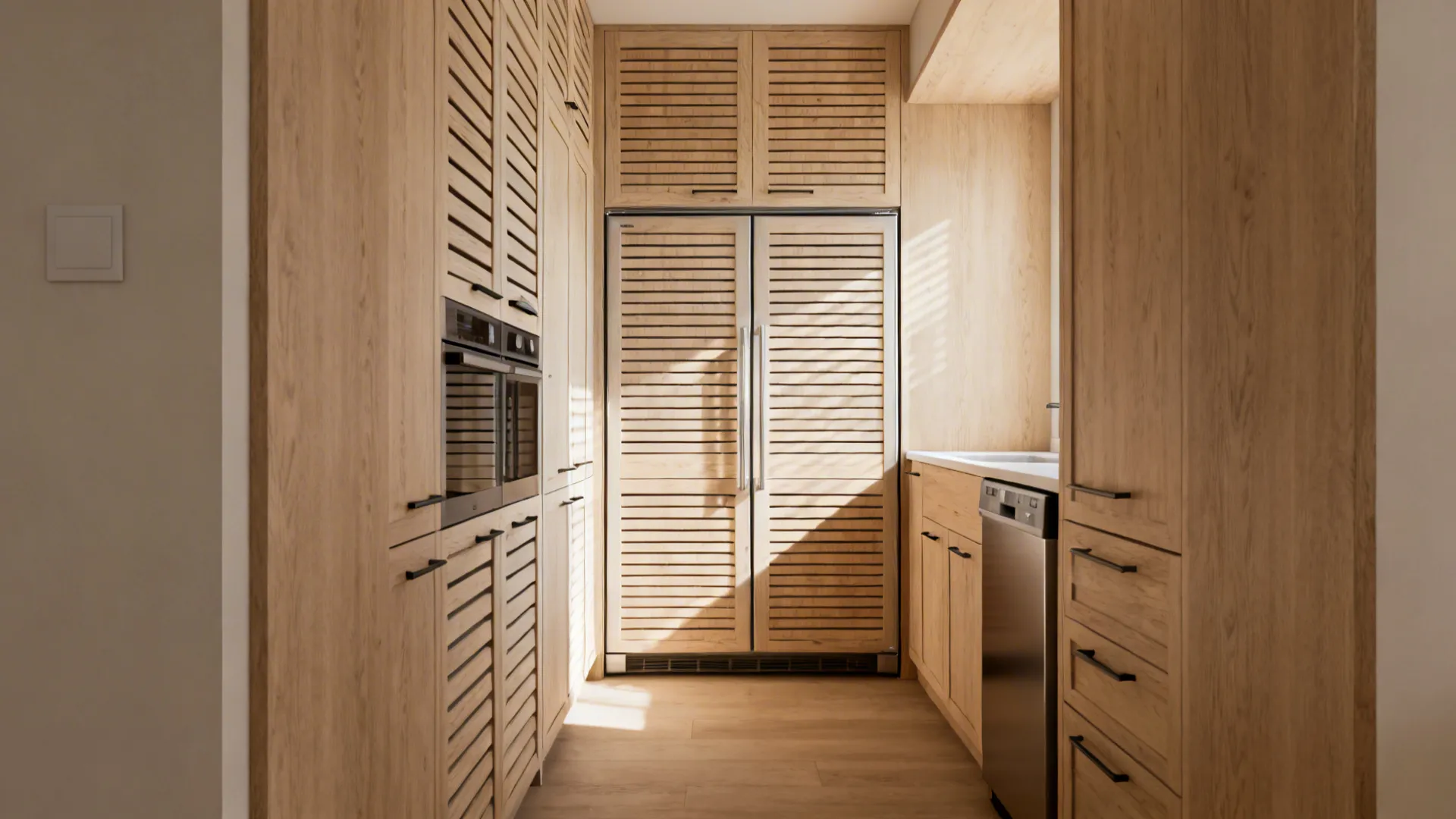 Narrow kitchen with white-oak slat panels on a fridge and dishwasher blending with neutral cabinets.