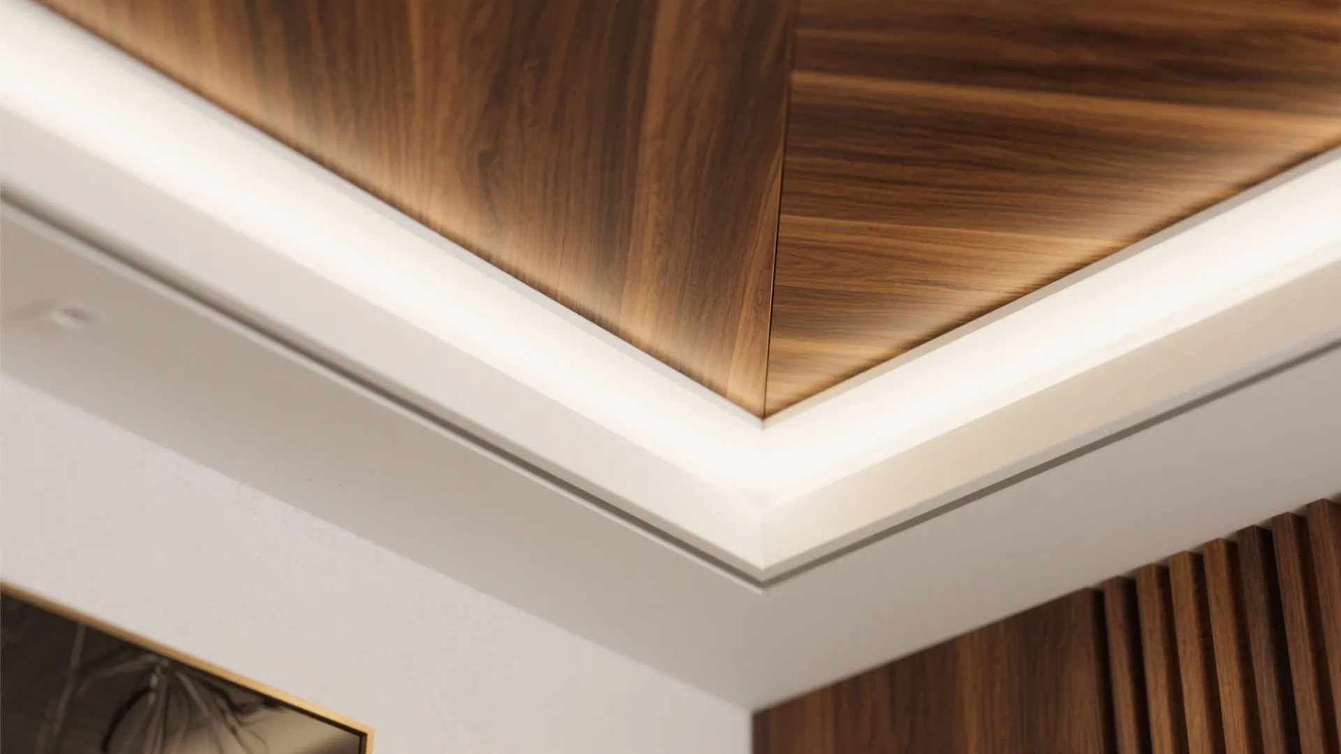 Close-up of walnut wood veneer inlay in a false ceiling