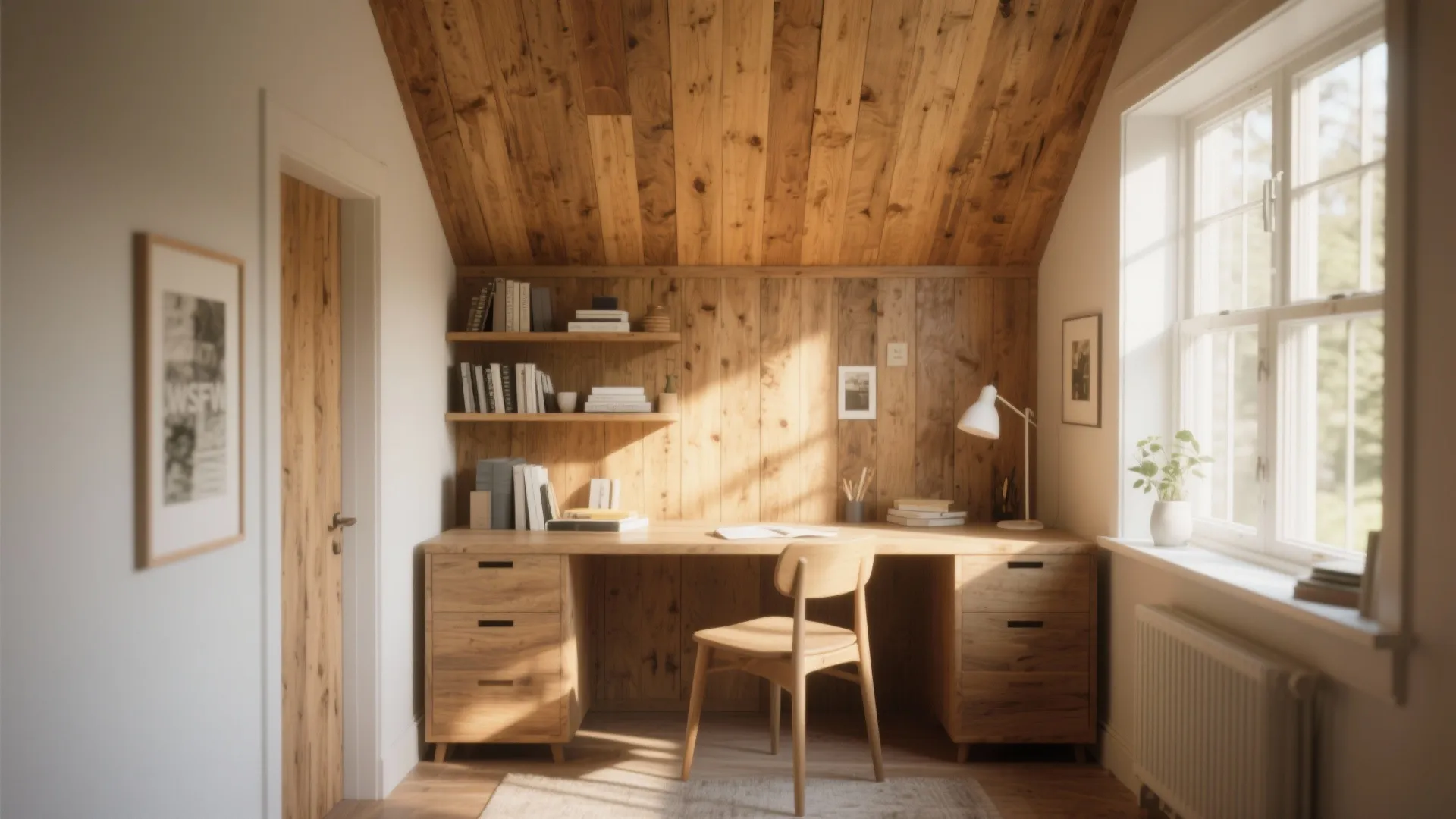 Home office with wood panel ceiling and walls plus a large desk under sunny windows