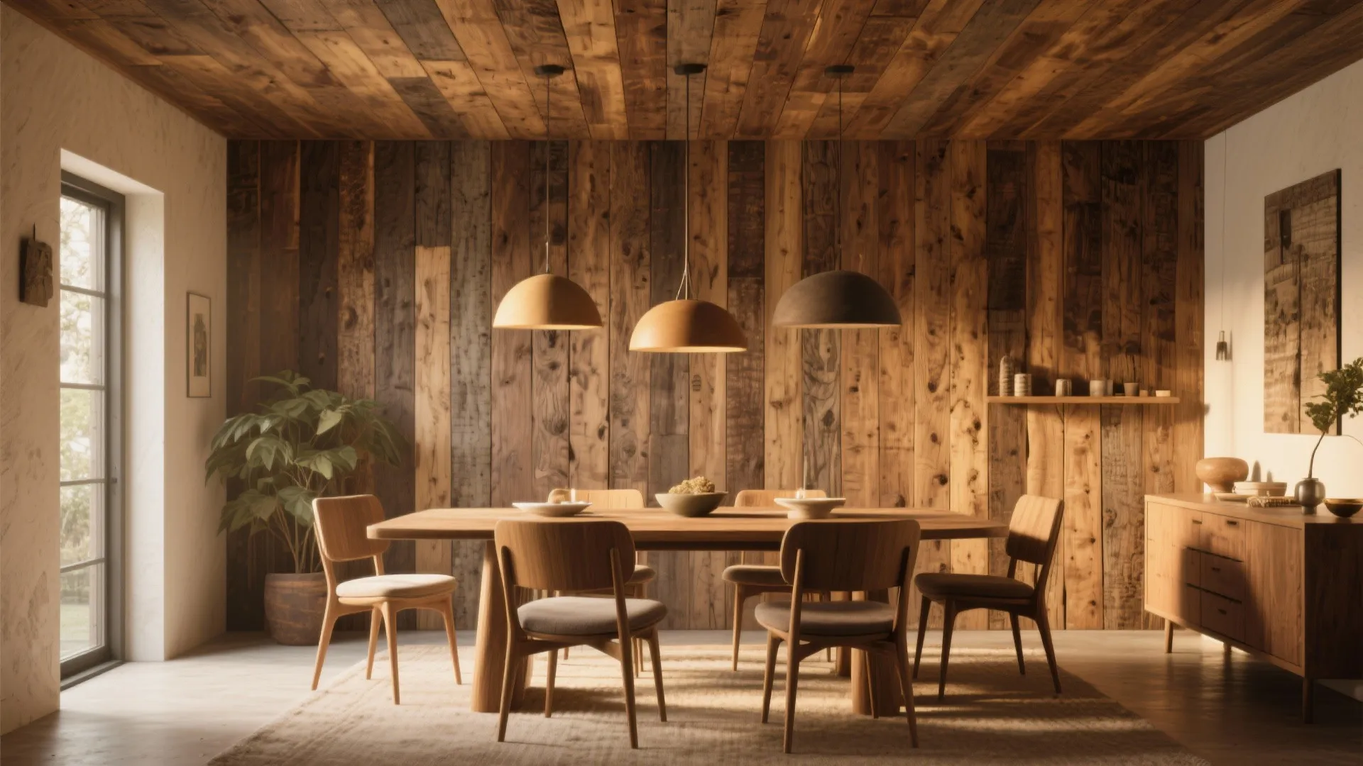 Rustic dining area with dark wood panel ceiling and walls plus matching wooden table and chairs