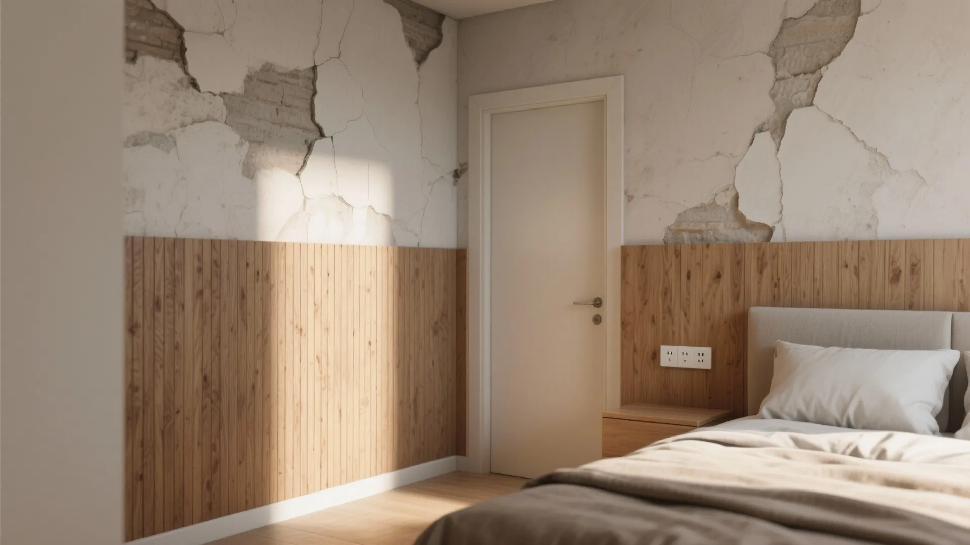 Modern bedroom with wooden wall panel below damaged plaster wall next to a white door