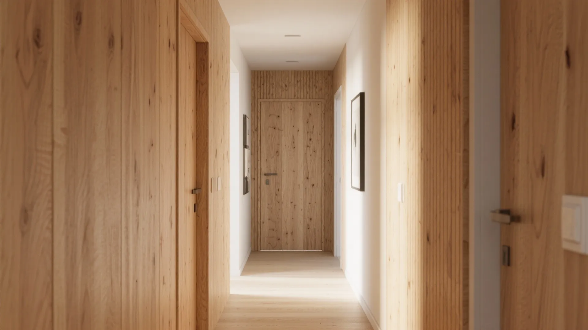 Modern narrow hallway with light wood wall panel design wooden doors and warm ceiling light fixtures
