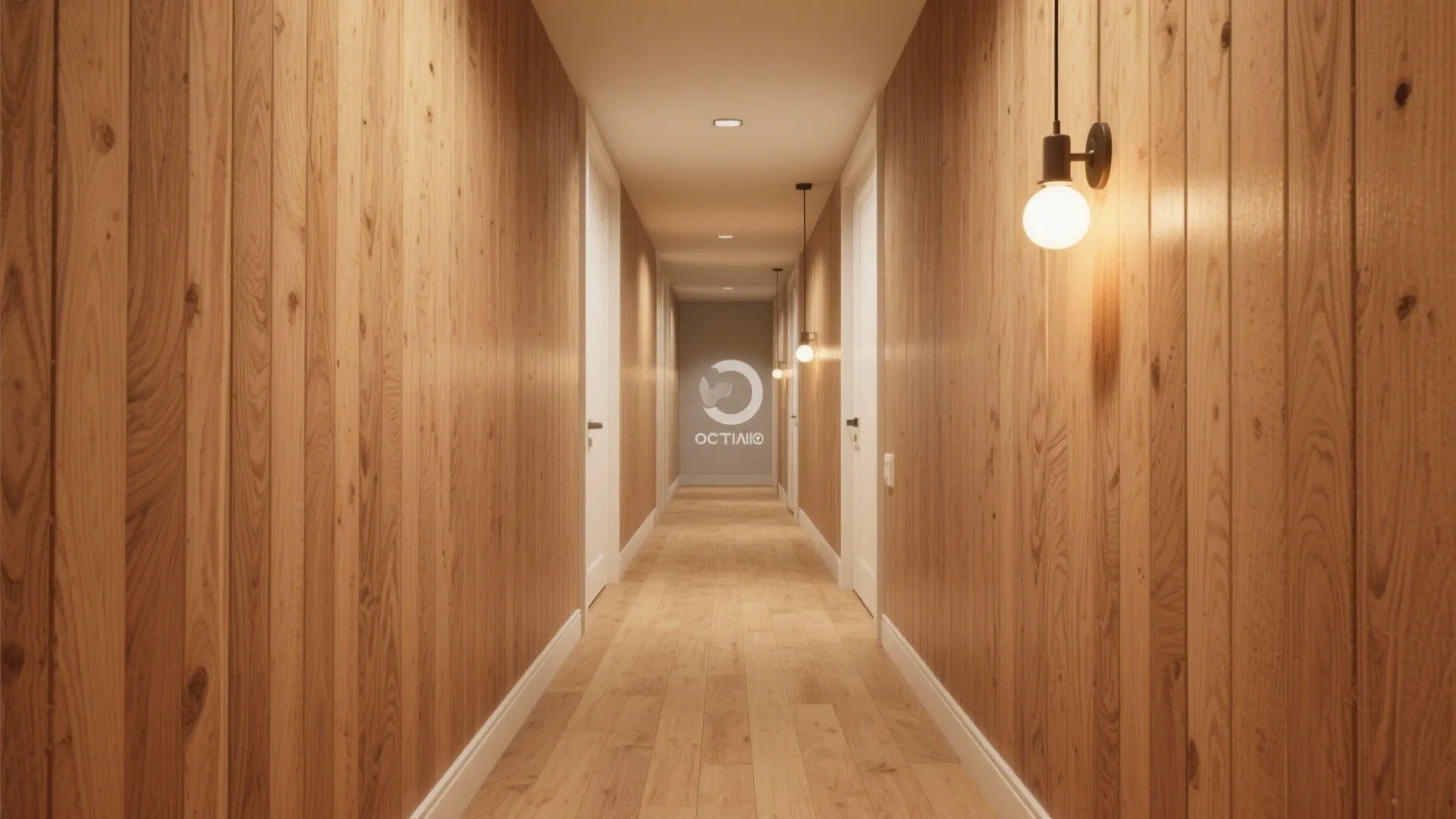 Modern hallway with vertical wood wall panels, wooden floor, white doors, and round wall lights