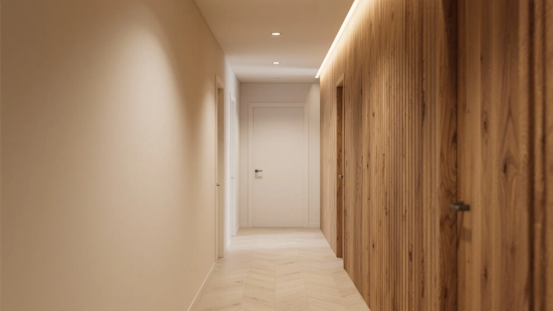 Minimalist hallway design featuring vertical wood wall panels light wood floors and hidden ceiling lighting