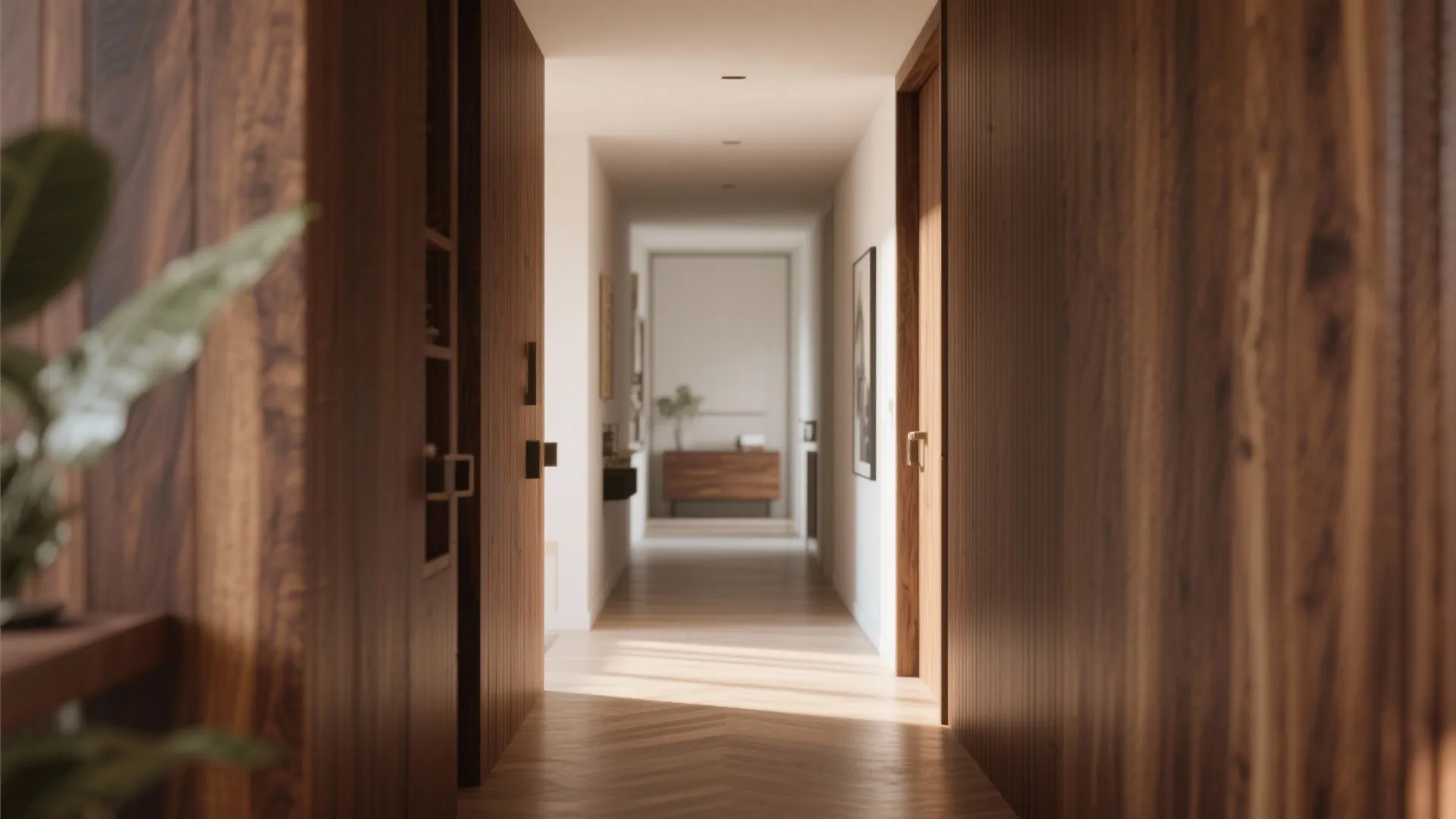 Narrow hallway with vertical wood wall panels and sunlight shining on a light wooden floor