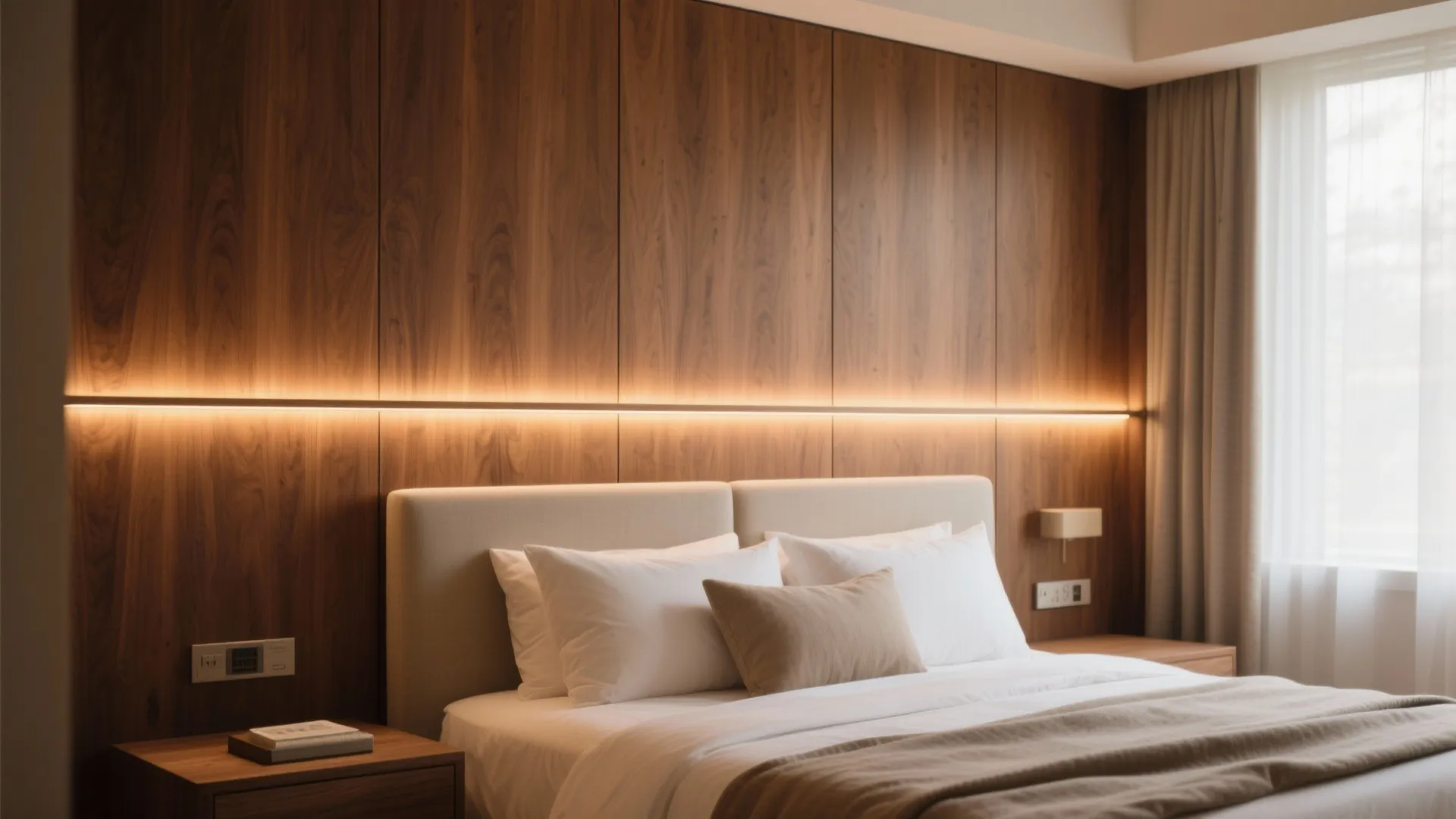 Warm Wood Paneling with Integrated Lighting