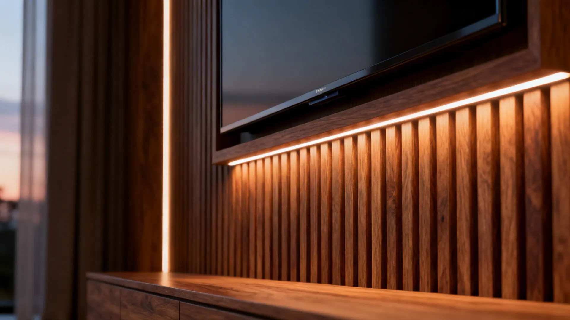Wood slat TV backdrop with subtle LED backlighting creating a warm cinematic glow