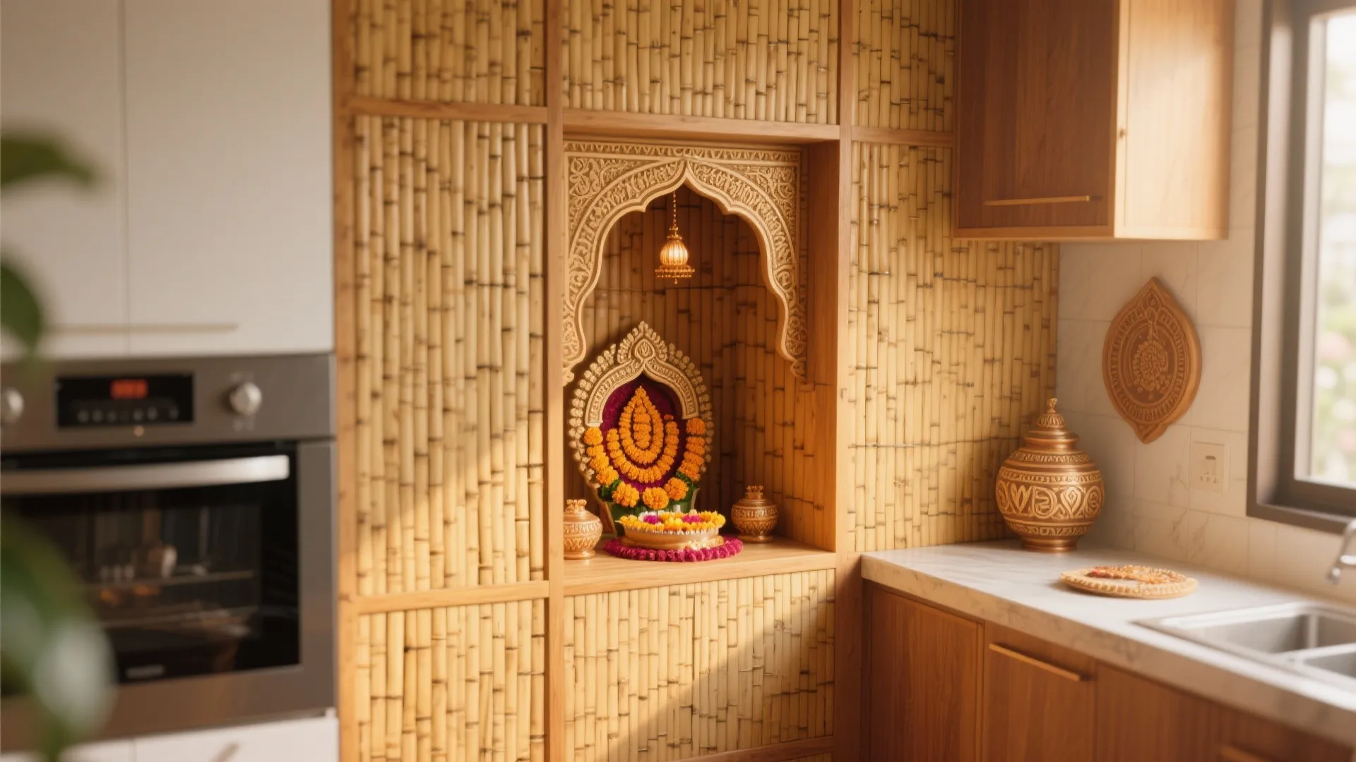 Bamboo wall panel in a kitchen with a small prayer space decorated with yellow flowers